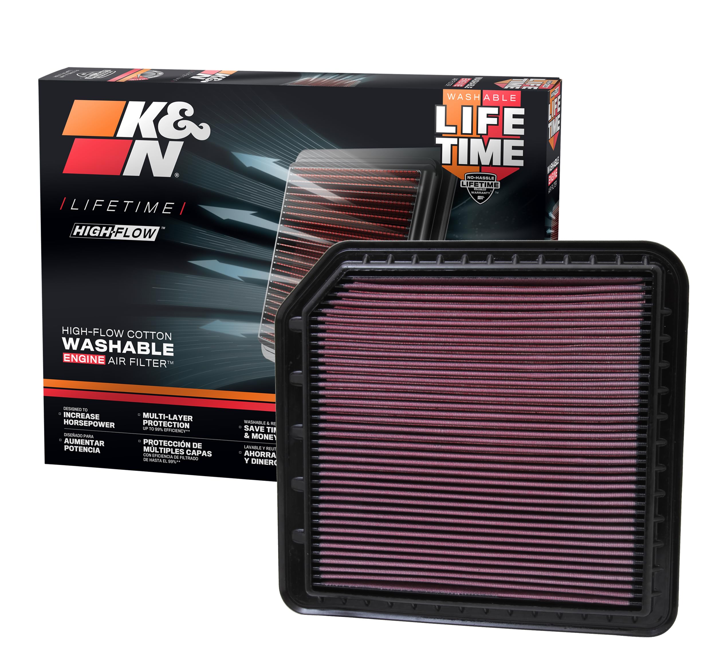 K&N Original High-Flow Lifetime Engine Air Filter: Increase Power: Premium, Washable: Compatible with 2010-2024 Infiniti/Nissan: QX56, QX80, Armada, Patrol, 33-2456