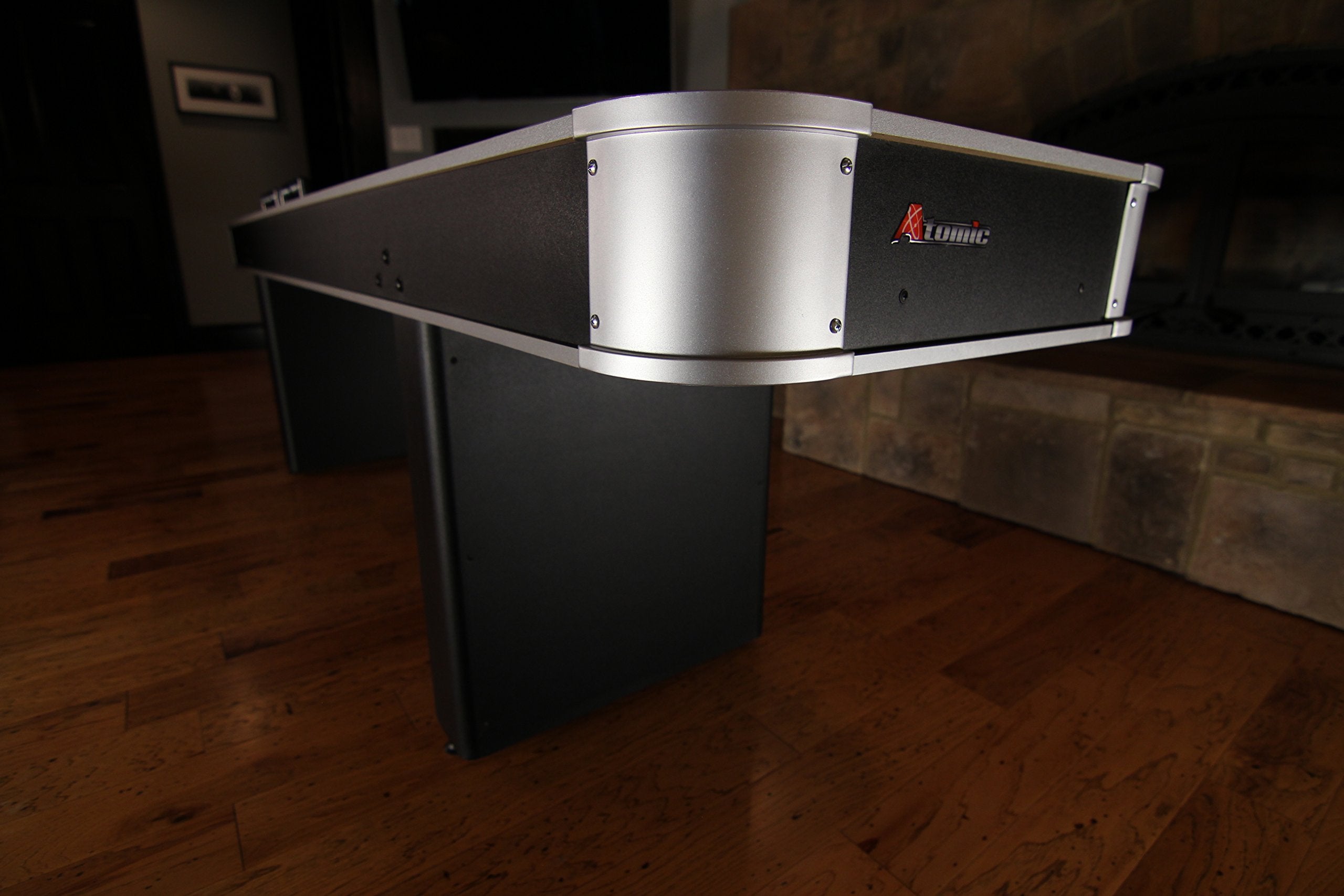 9’ Atomic Shuffleboard Table with Poly-Coated Playing Surface for Smooth, Fast Puck Action and Pedestal Legs with Levelers for Optimum Stability and Level Play