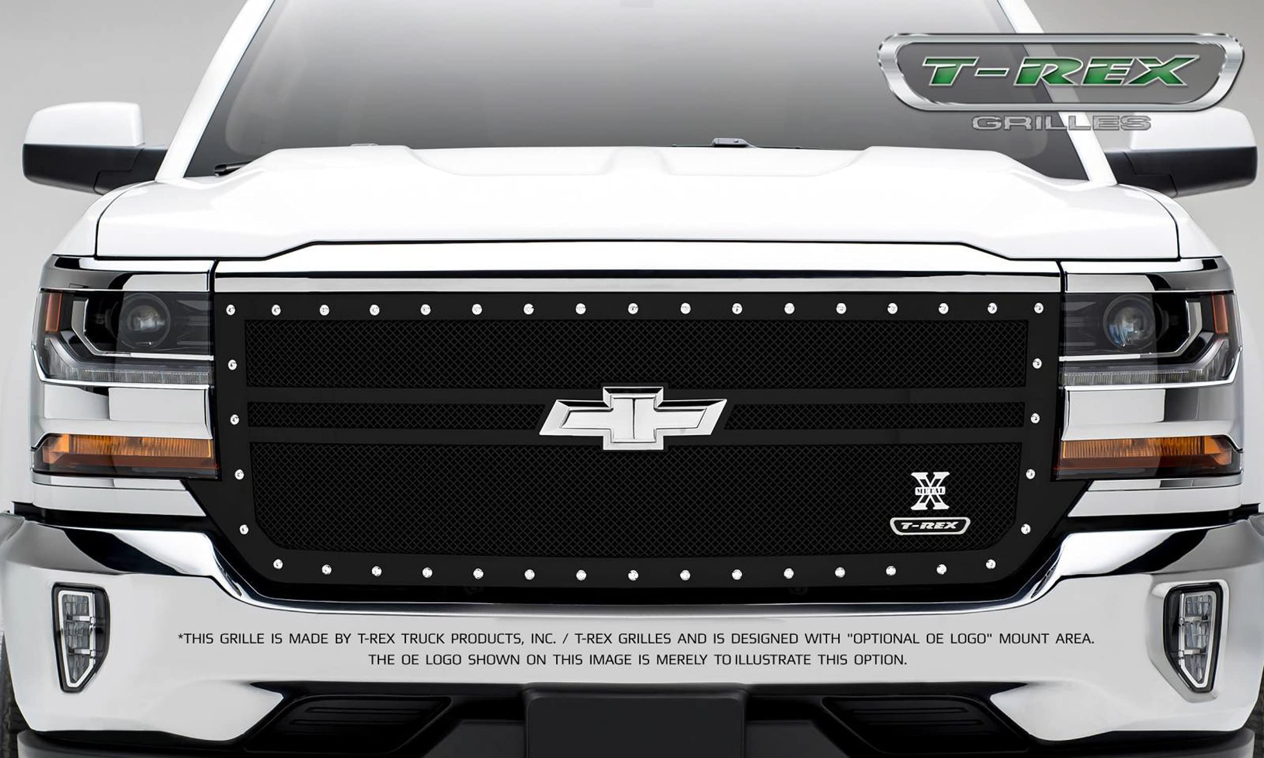 2016-2018 Silverado 1500 T-Rex Grilles X-Metal Grille, Black, 1 Pc, Replacement, Chrome Studs, 2 Bar Design - PN #6711301