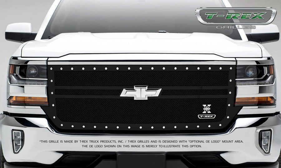 2016-2018 Silverado 1500 T-Rex Grilles X-Metal Grille, Black, 1 Pc, Replacement, Chrome Studs, 2 Bar Design - PN #6711301