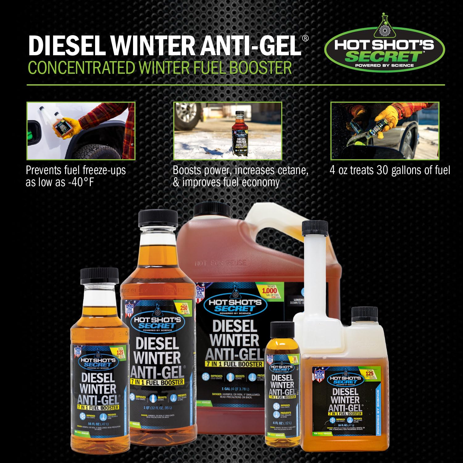 Diesel Winter Anti-Gel Fuel Treatment Hot Shot's Secret 32oz – 7 in 1 Fuel Booster Winter Protection, Diesel Additive Prevents Gelling, Improves Cold Starts, Boosts Cetane (P403301G)
