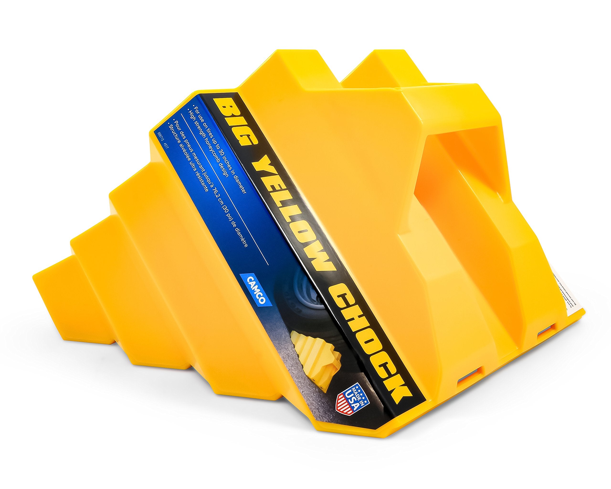 Camco X-Large Yellow Big Chock - Heavy Duty Trailer Wheel Chock Features Honeycomb Design for Extra Strength and Durability So You Can Re-Hitch in Confidence - Use w/Tires up to 30-inches - 44419