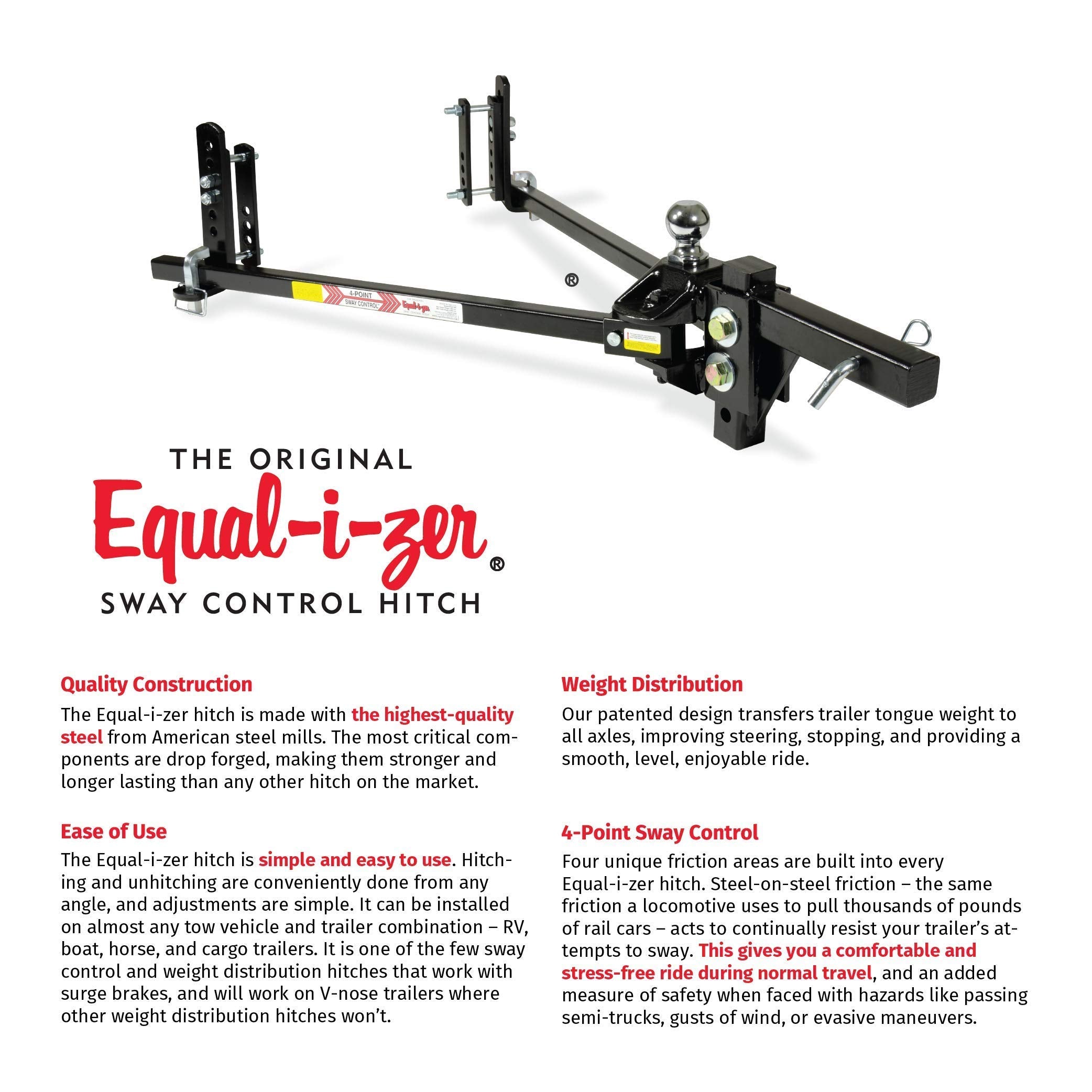 Equal-i-zer Sway Control Hitch 4-point, 90-00-1600, 16,000 Lbs Trailer Weight Rating, 1,600 Lbs Tongue Weight Rating, Weight Distribution Kit Includes Standard Hitch Shank, Ball NOT Included
