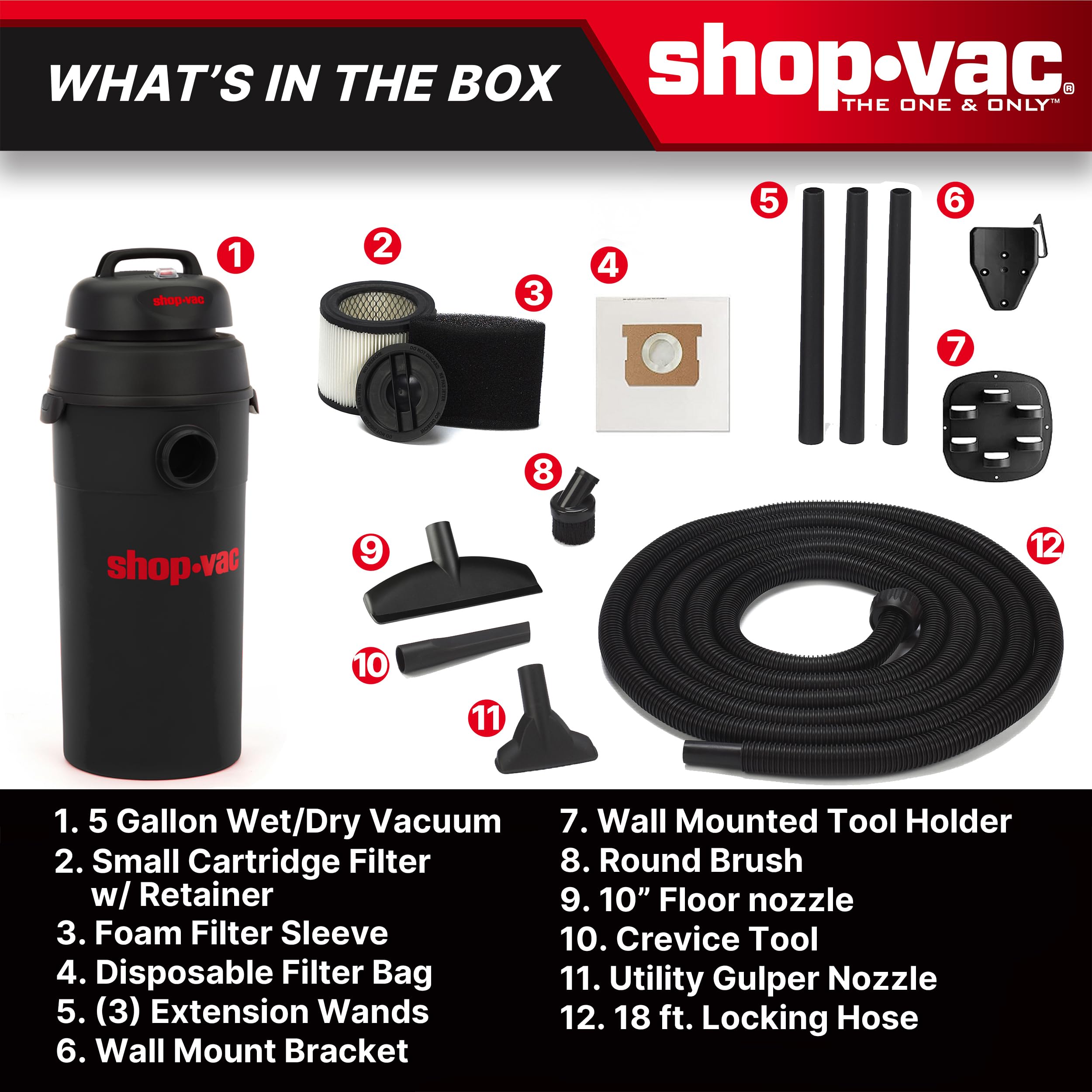 5 Gallon Shop-Vac 9522205 5.5 Peak HP Hangup Wet/Dry Vacuum, 1.25 Inch Diameter x 18 Foot Hose, 6 Foot Cord, Wall Mount Included, Ideal for Garage, Workshop & Home