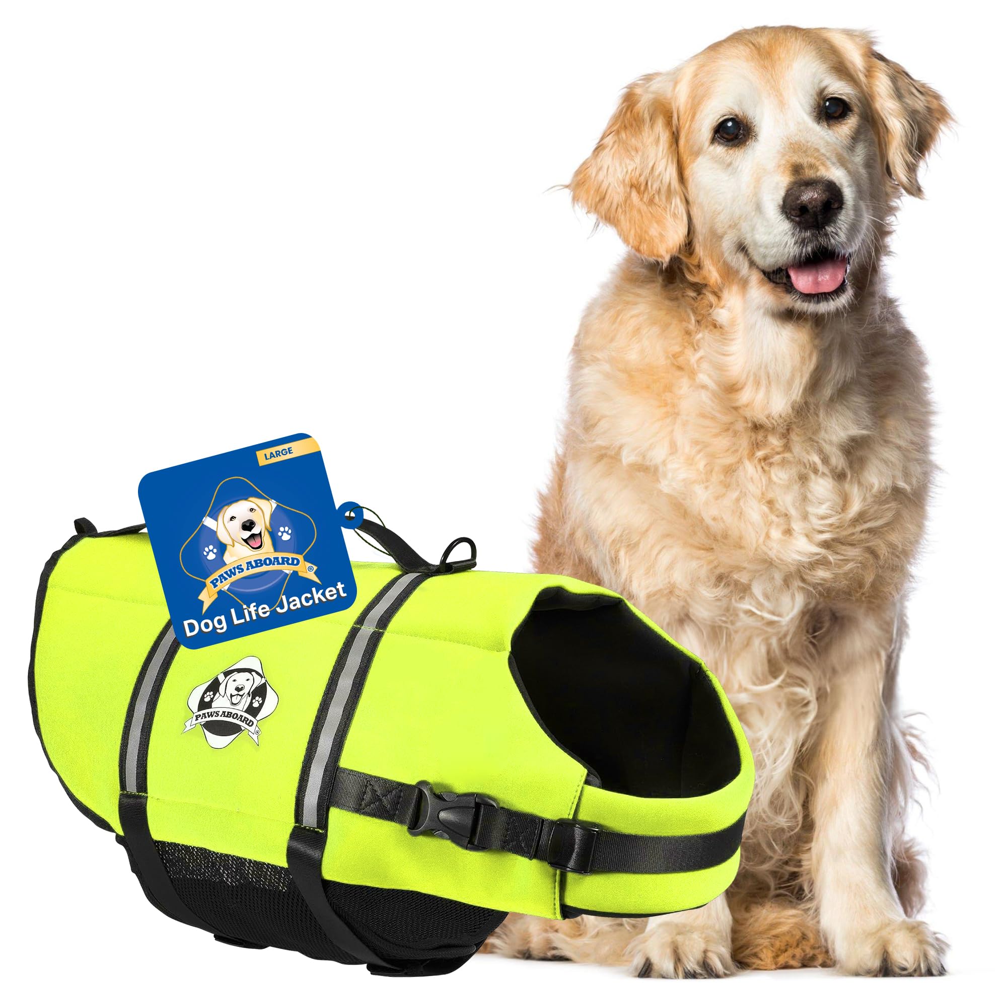 Dog Life Jacket Paws Aboard - Swimming Vest for Dogs, Adjustable, Reflective, Comfortable, Multiple Colors, Patterns, XX-Small to Extra Large Dog Swim Vest with Handle (Neon Yellow, Large)