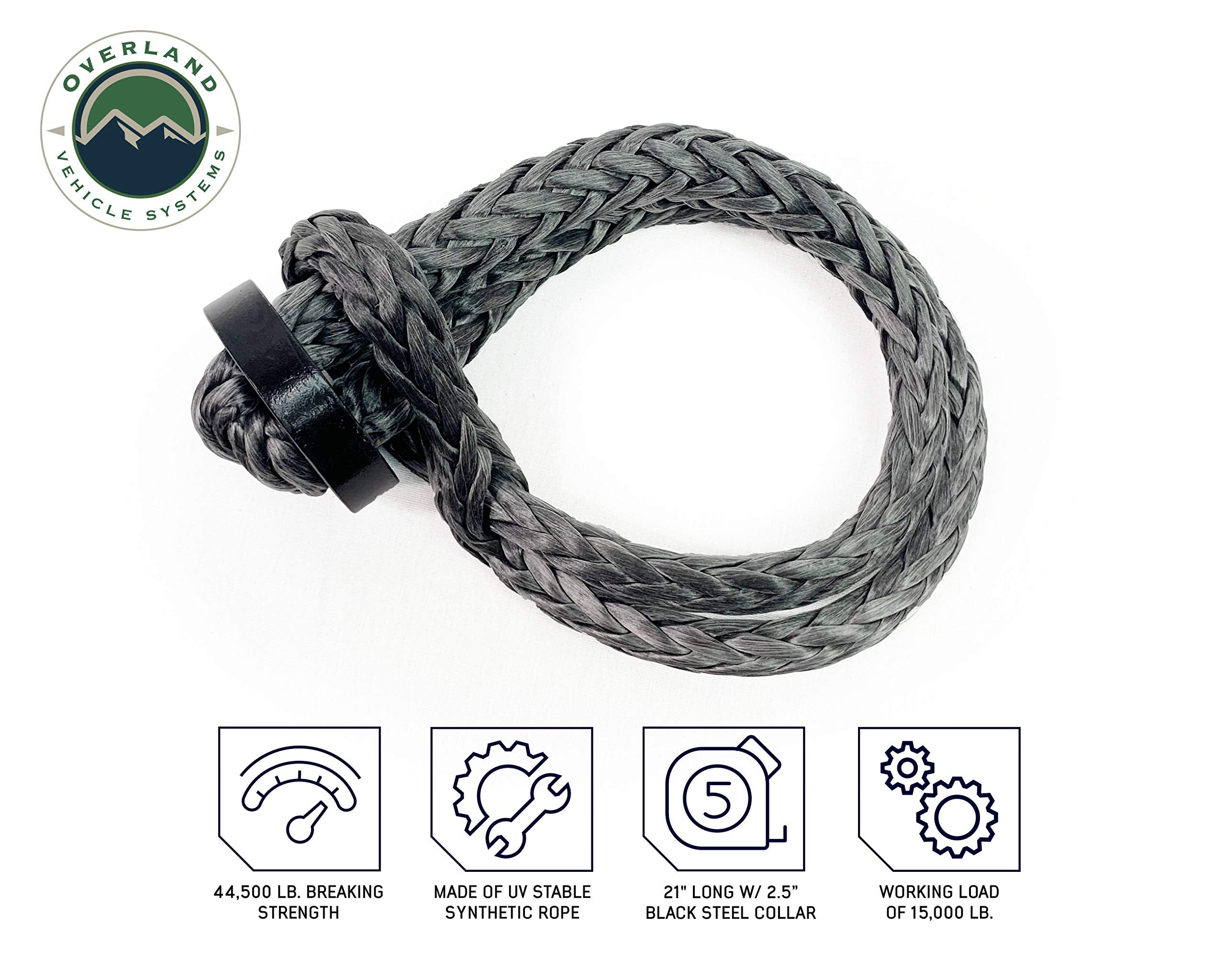 5/8" Overland Vehicle Systems Soft Shackle 44,500 lb. with Collar - 22" - 600 Denier Ballistic Nylon Storage Bag - Dyneema Synthetic Fiber Rope with Collar - for Automotive Recovery and Towing
