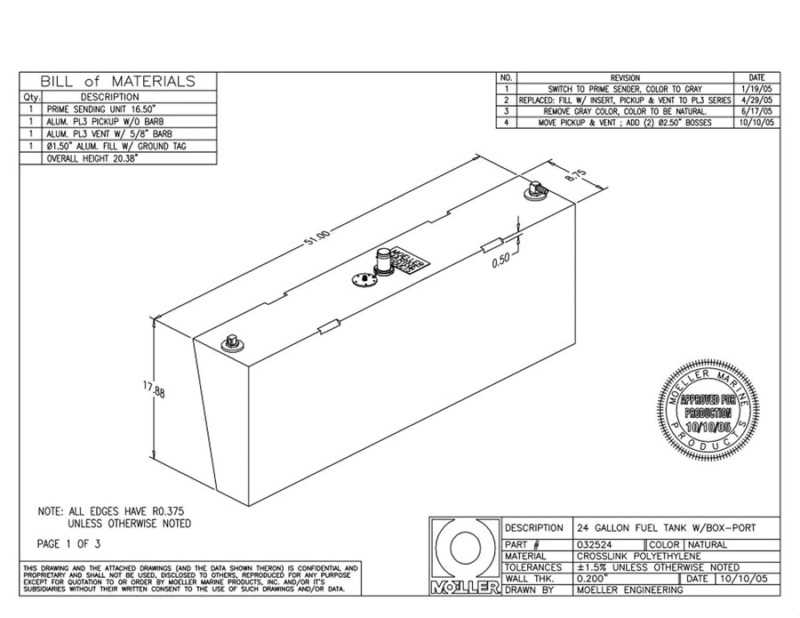 Moeller Below Deck Marine Permanent Fuel Tank with Port Side Withdraw (24-Gallon, 51" x 8.75" x 5.25" x 17.88")