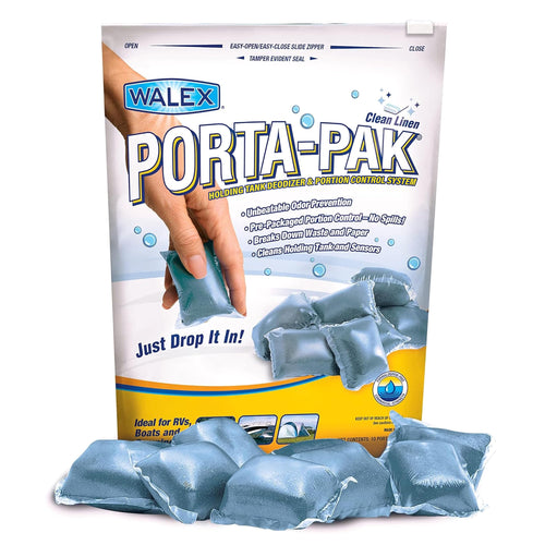 Walex Black Porta-Pak Holding Tank Deodorizer & Portion Control System Drop-Ins - Rapid Breakdown of Waste & Paper, Odor Prevention, Cleans Tank & Sensors - Clean Linen, 10-Pack