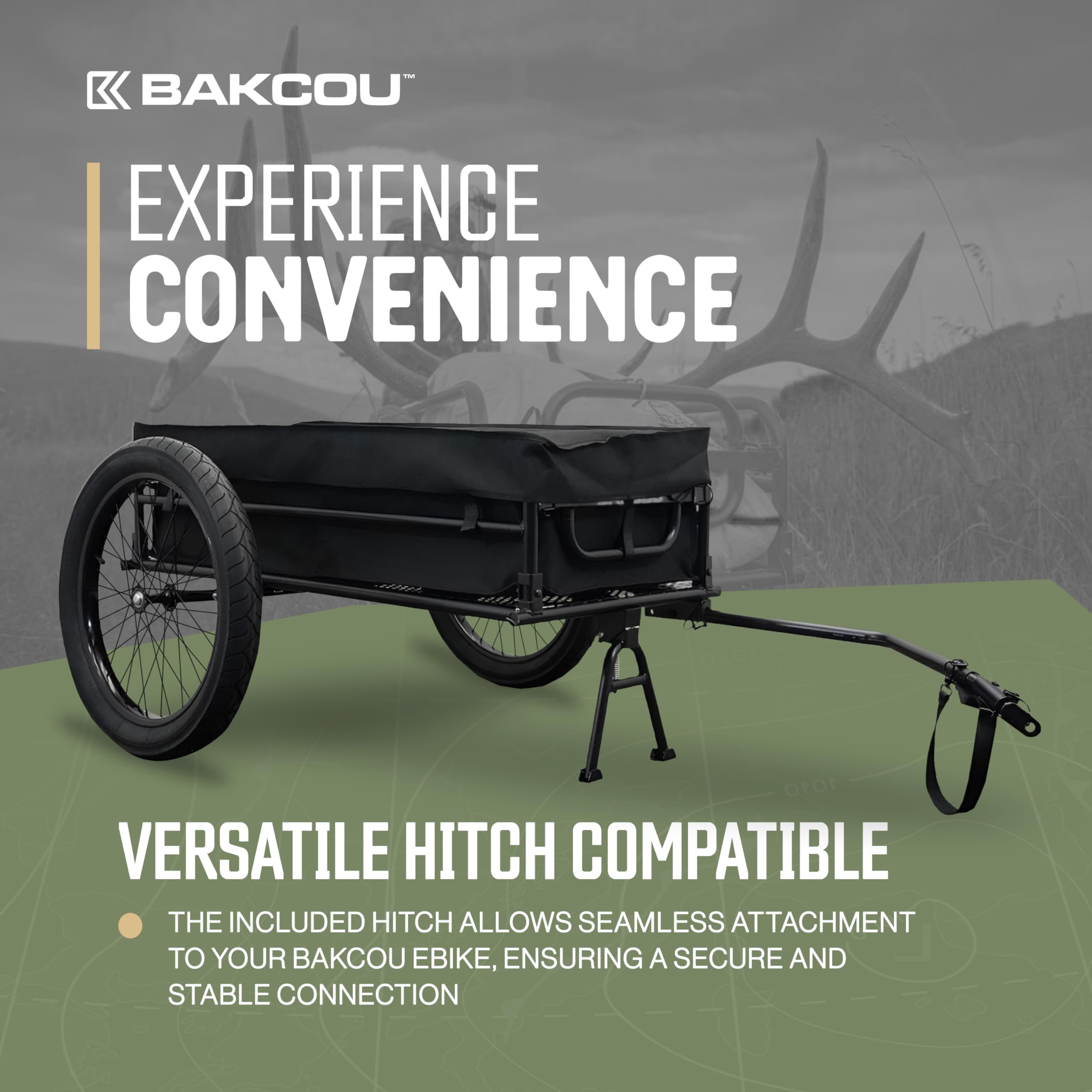 Folding Cargo eBike Trailer Bakcou - with 20" x 3" Fat Tires, Canvas Liner, Hitch, Axle Extenders & Kickstand - 150-200 lbs Capacity