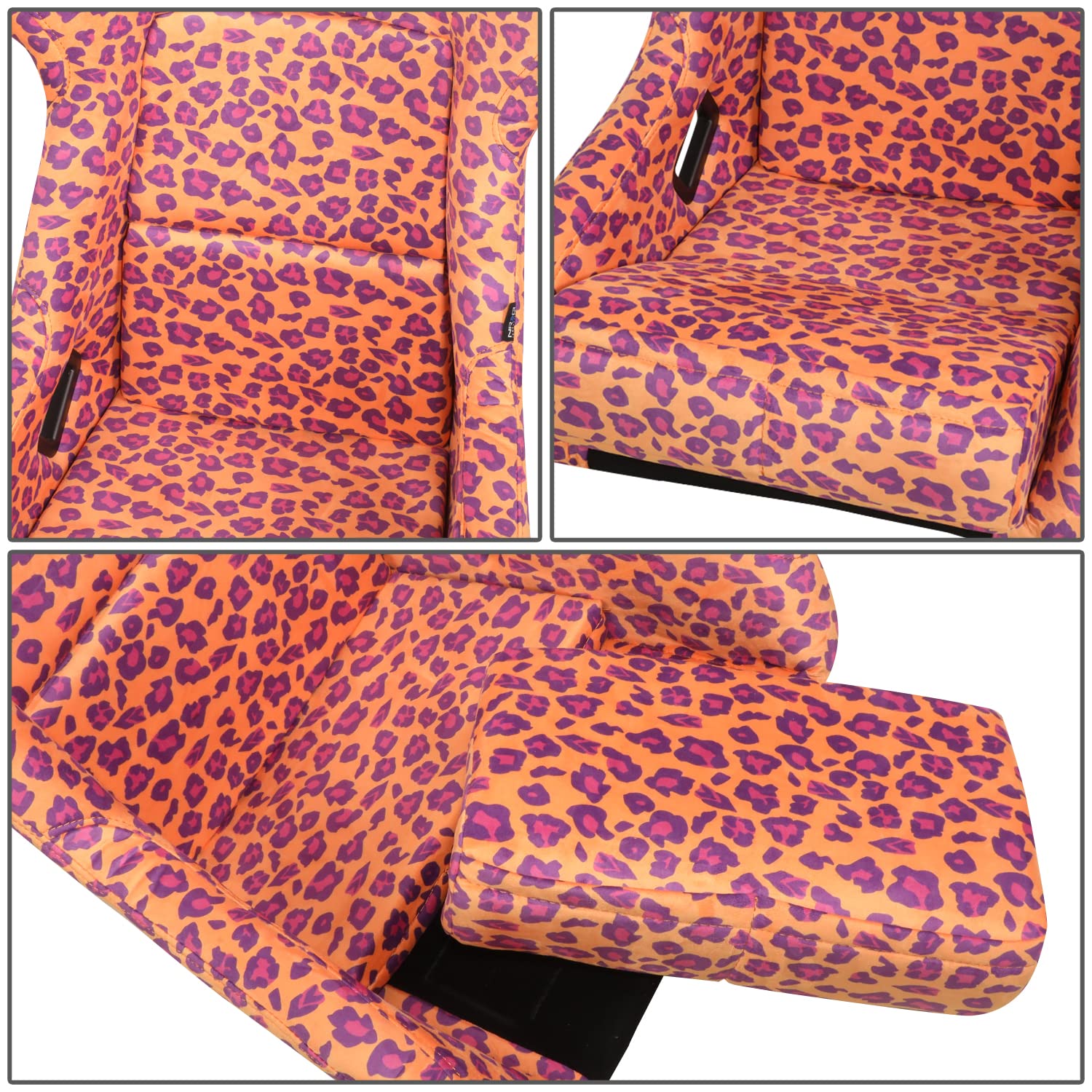 NRG Innovations Prisma Fixed Back Bucket Racing Seat NRG-FRP-302-OR-SAVAGE Bottom Mount Bracket, Orange Savage Leopard Print Fabric White Pearl Back, Orange Leopard Print, 24" W X 36" H X 18" D