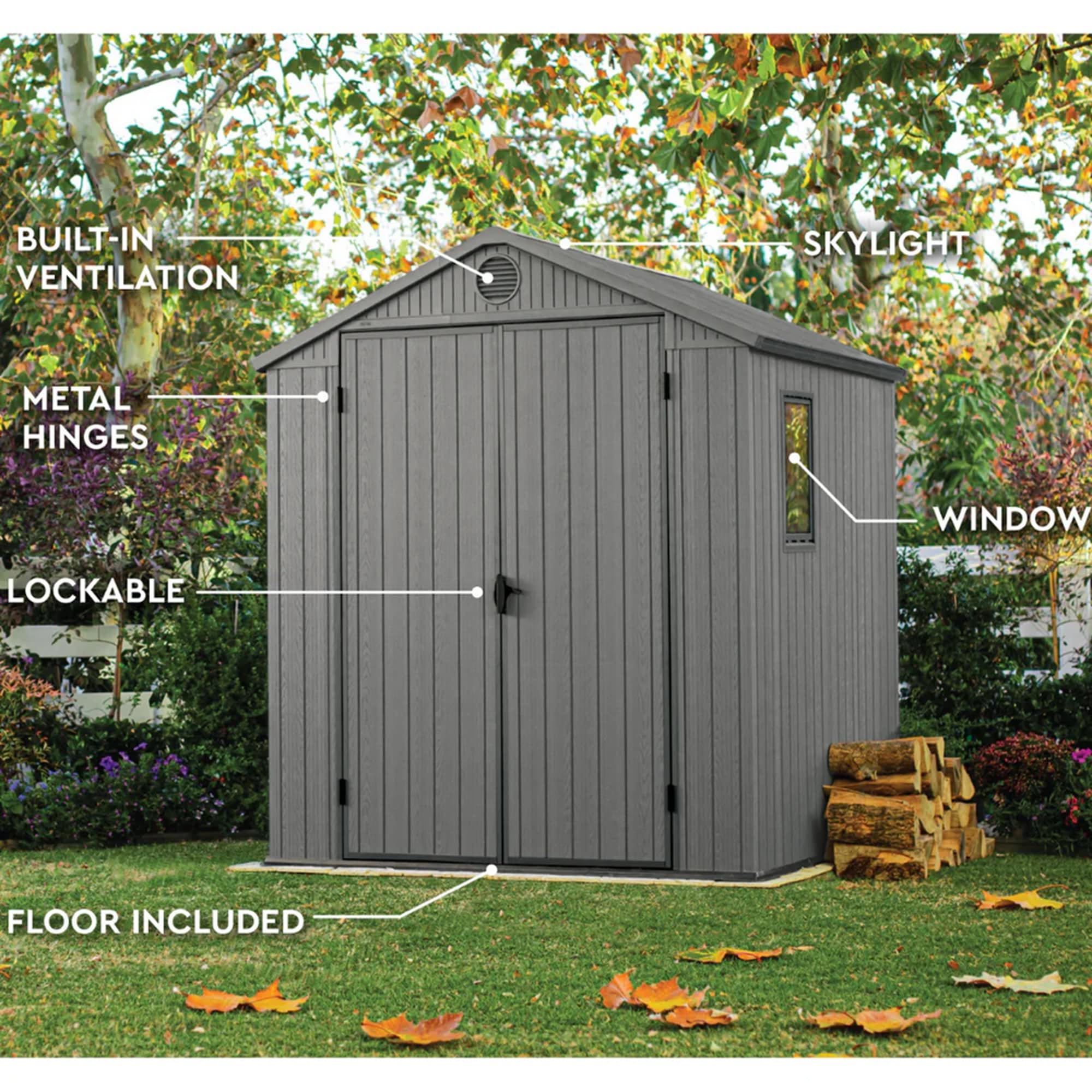Keter 6 x 6 Foot Darwin Spacious Heavy Duty Outdoor Storage Shed for Organizing Garden Accessories and Tools with Double Doors and High Ceiling, Gray