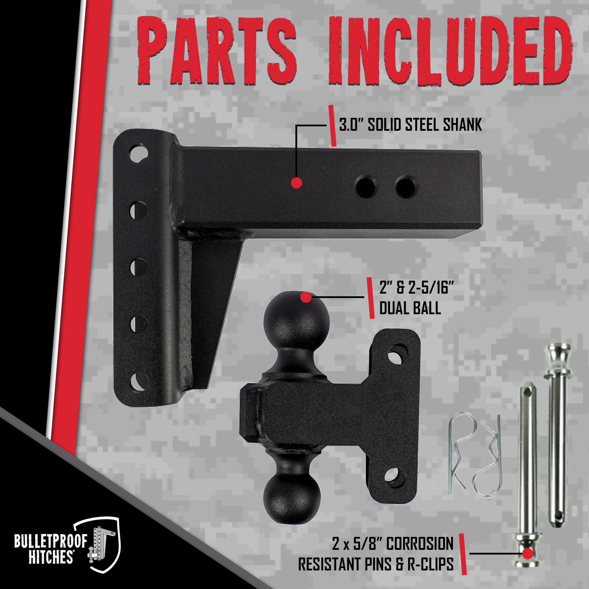 3.0" Adjustable Heavy Duty Trailer Hitch - BulletProof Hitches (22,000 lb. Rating) - 4" Drop/Rise Trailer Hitch with 2" & 2-5/16" Dual Ball - Powder Coat, Solid Steel, Corrosion-Resistant