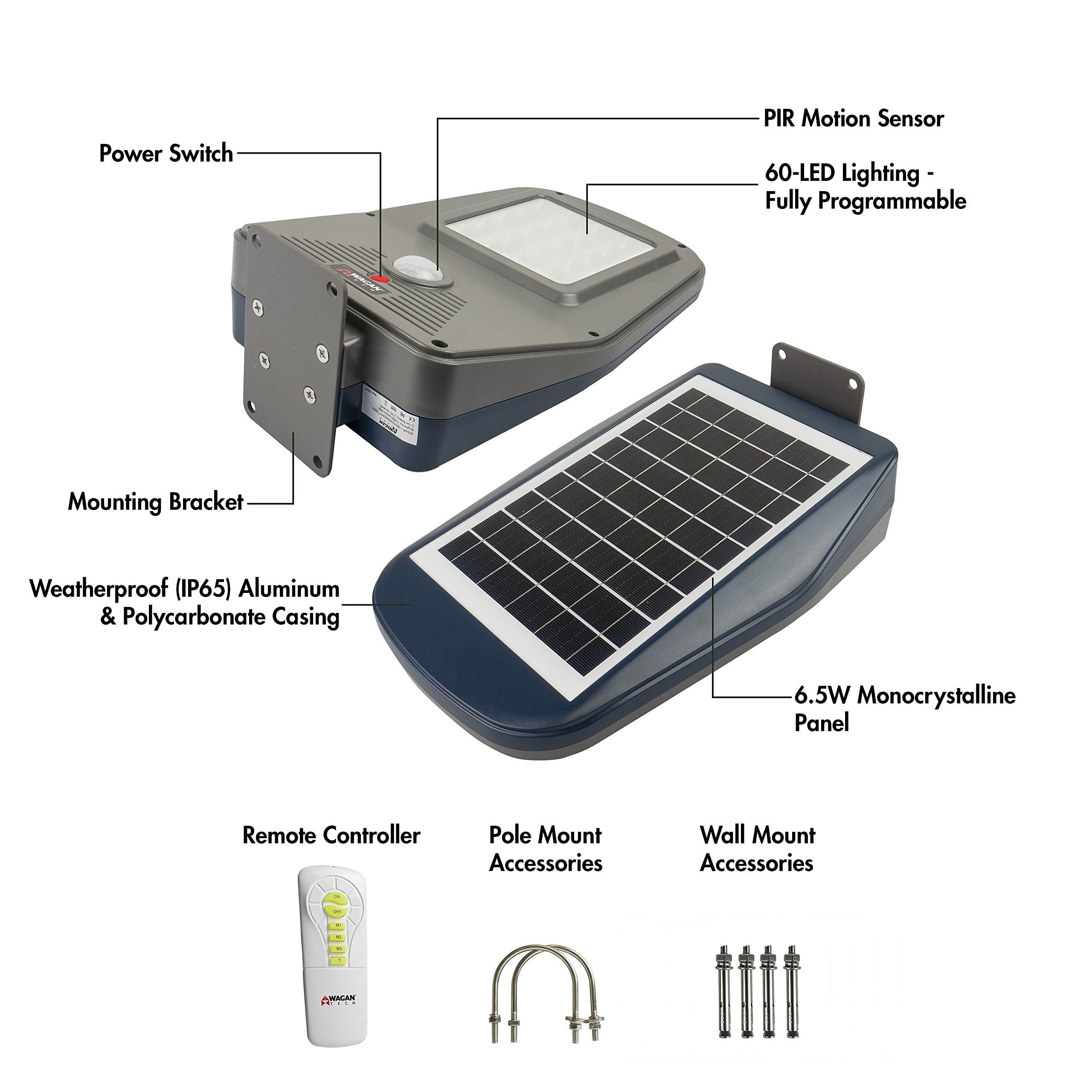 Wagan 3000 Lumen EL8591 LED Solar Street Light with Remote Control Outdoor Solar Powered Flood Light Dusk to Dawn Waterproof Weatherproof Motion Sensor for Outdoor Garden Yard Path Parking Lot