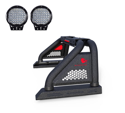 Classic Pro Black Horse Roll Bar Incl.Set of 9" Black Round Led Light Modular Textured Black Compatible with 2005-2021 Nissan