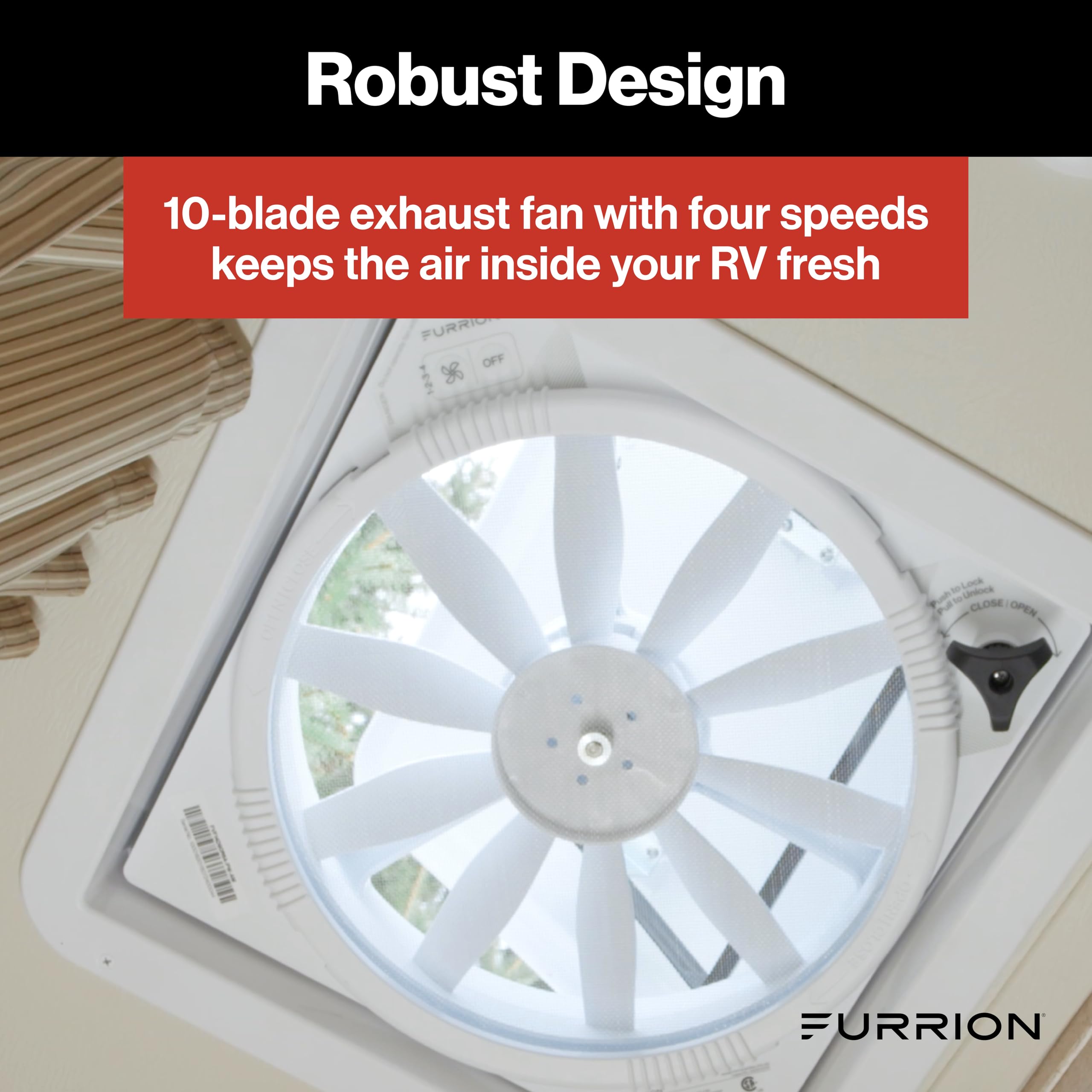 Furrion 14" RV Rooftop Vent Exhaust Fan with Lid, 10-Blade, Four Fan Speeds, Push-Button Controls, Removable Insect Screen, Flush-Mount Design for 2" to 7" Thick Roofs, White - FVF14D90R6A-PS-AM