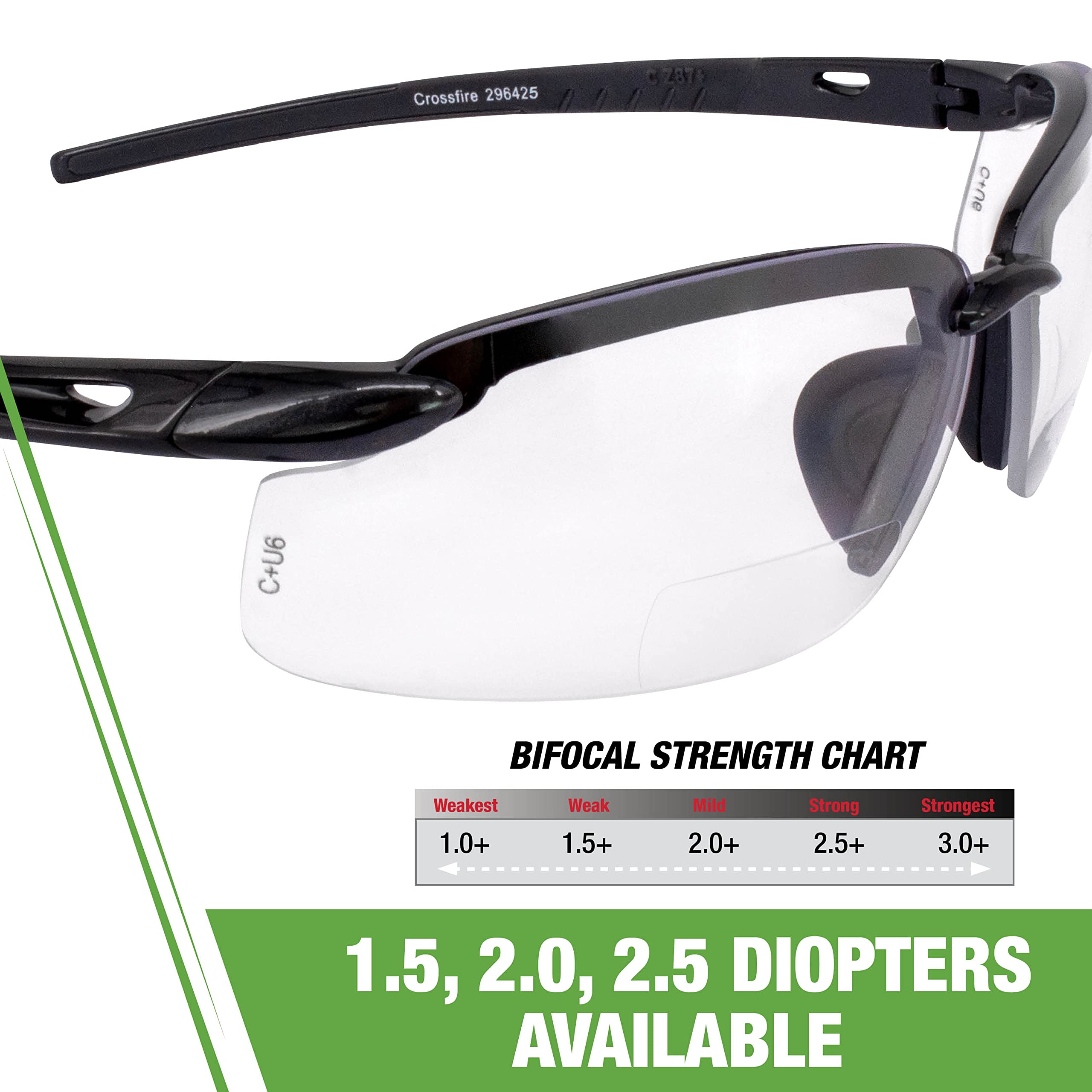 Crossfire ES5 Reader Safety Glasses Clear Diopter 2.5 Shiny Pearl Gray Frame