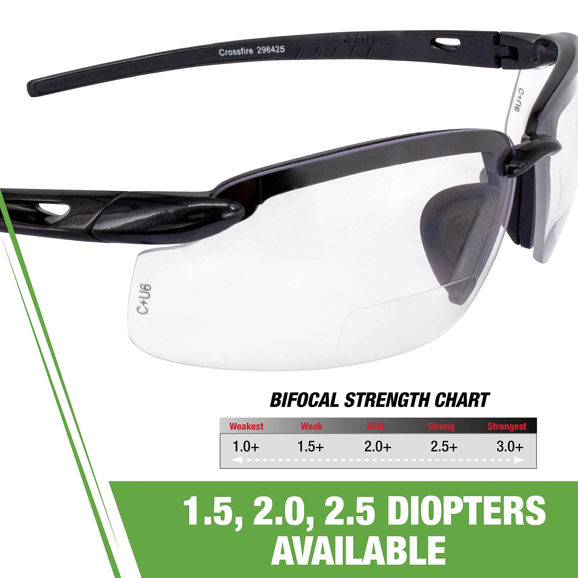 Crossfire ES5 Reader Safety Glasses Clear Diopter 2.5 Shiny Pearl Gray Frame