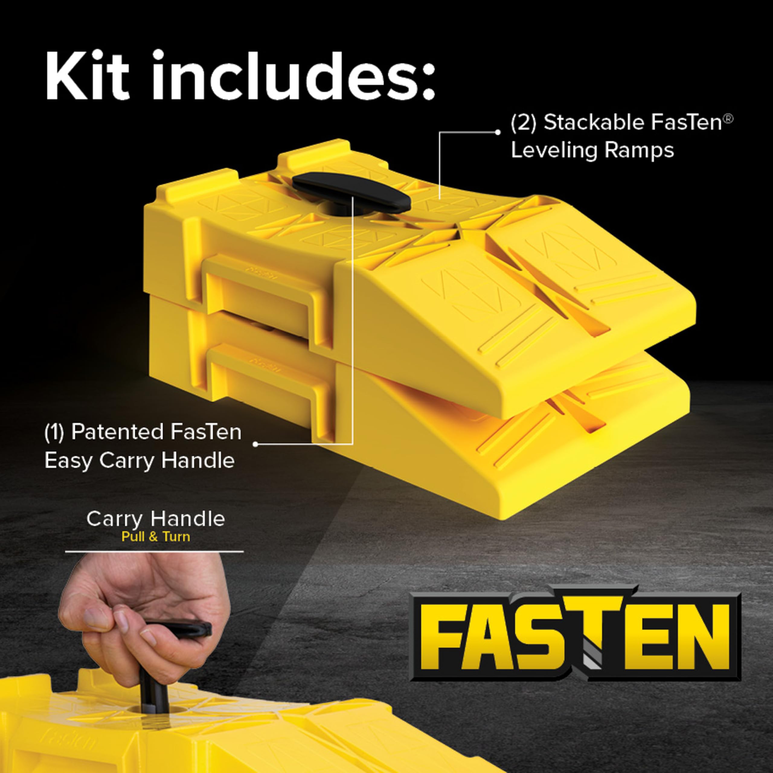 Camco Premium Fasten RV Leveling Trailer Ramps w/Convenient Handle - Nesting Design for RV Storage - Compatible w/Square Leveling Blocks - 2-Pack (44535)