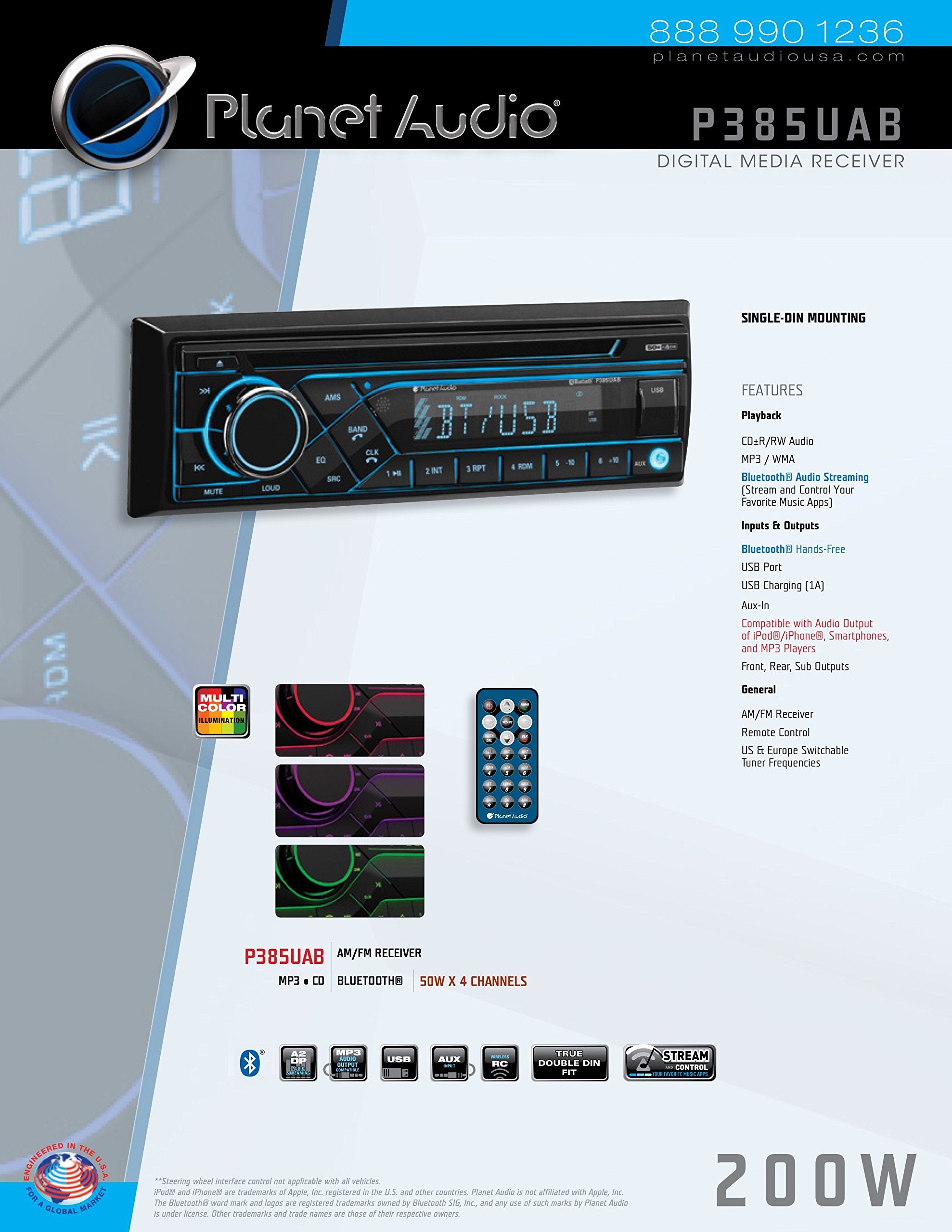 P385UAB Planet Audio Car Receiver - Bluetooth / CD / MP3 / USB, AM/FM Radio