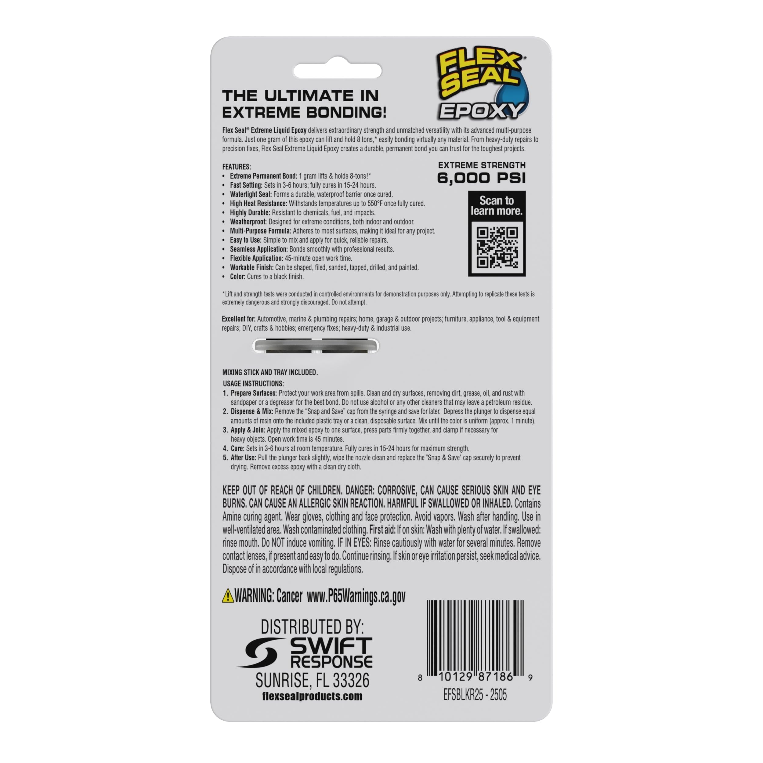 Flex Seal Epoxy, Multi-Purpose Extreme Liquid, Durable, Permanent, Watertight, Long-Lasting Bond, for Automotive, Marine, Plumbing, Home, & Tool Repairs, Cures Black, 0.85 oz (25 mL) Syringe