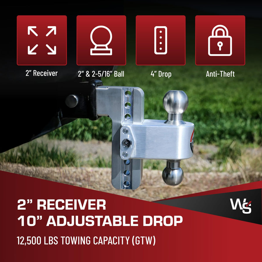 Weigh Safe Adjustable Hitch Ball Mount Trailer - 4" Adjustable Drop Hitch for 2" Receiver - Premium Heavy Duty Aluminum Trailer Tow Hitch w/Chrome Plated Tow Balls (2" & 2 5/16") - 12,500 lbs GTW