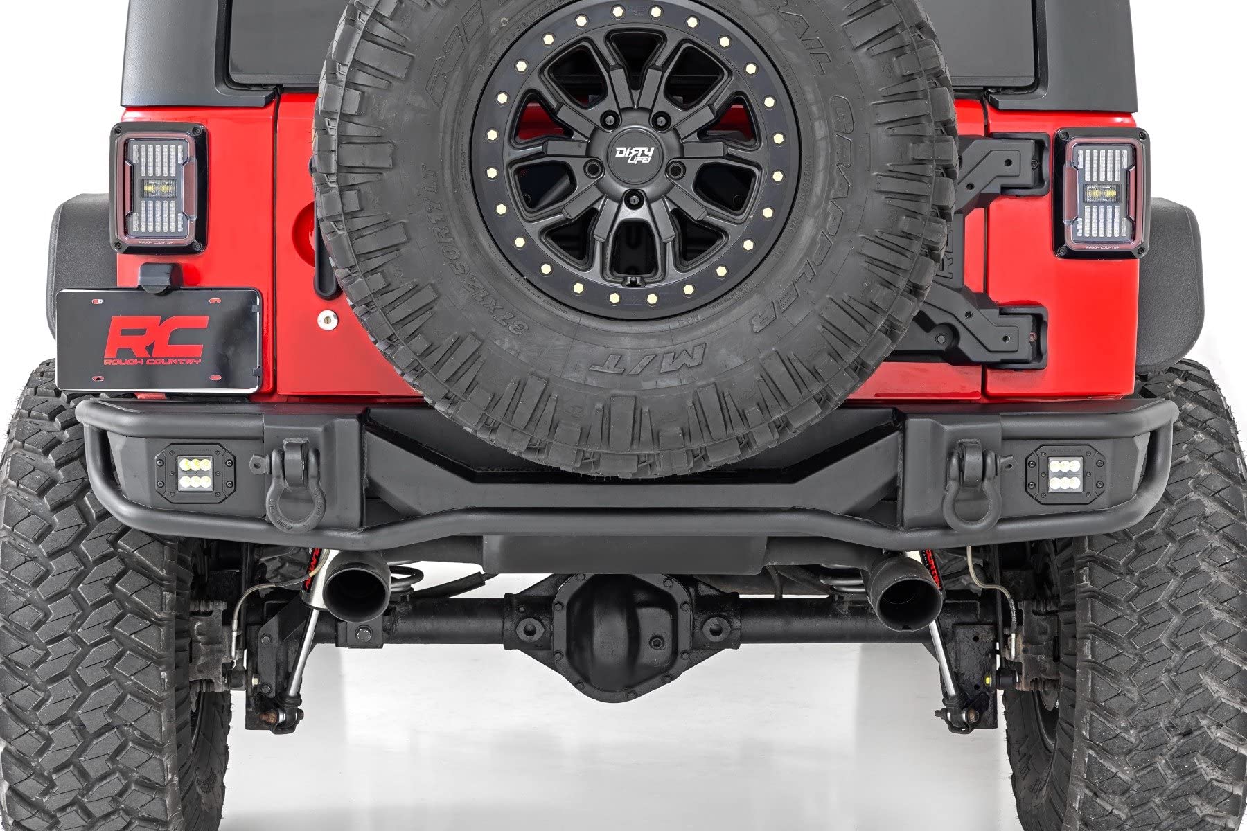 Rough Country Rear Tubular Bumper with LED Lights for Jeep Wrangler JK & Unlimited (2007-2018) - Includes Dual 2" Flush Mount LED Cubes, D-Rings
