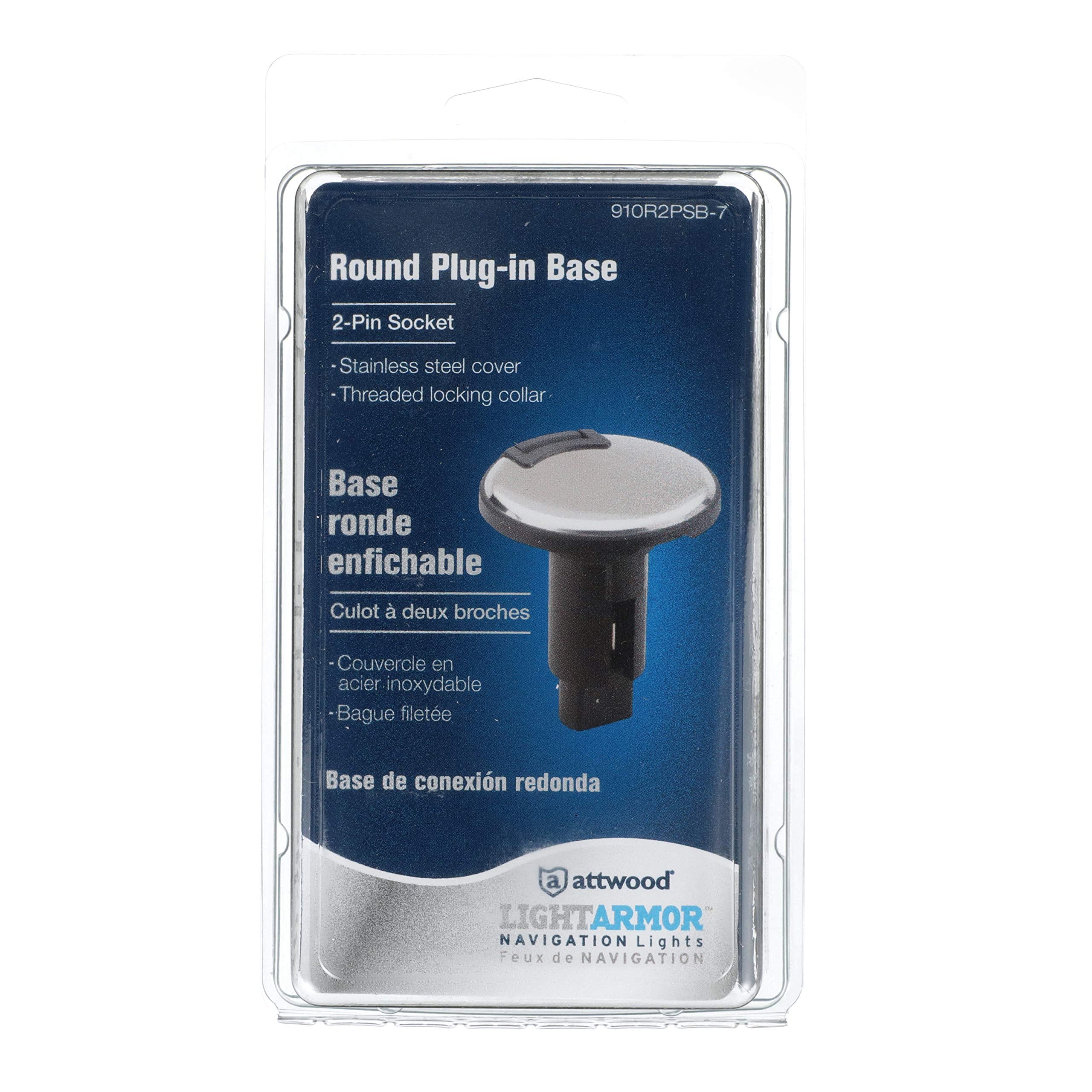 910R2PSB-7 Attwood LightArmor™ Round Plug-in Light Base 910R Series — for All-Around Pole Light, 2-Pin, Black Stainless Cover