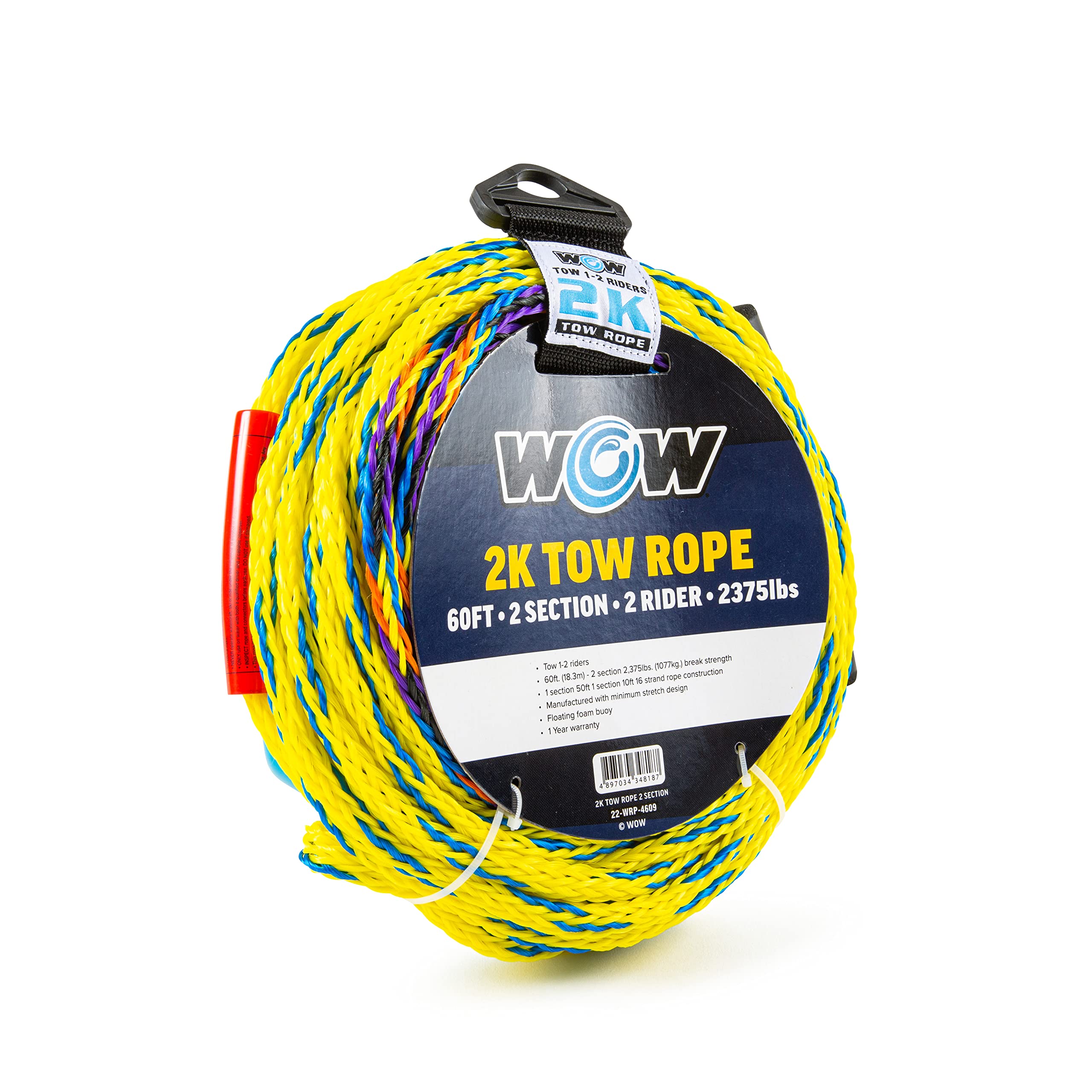 WOW Sports - Tow Rope 2K for Deck Tube - 1-2 Riders - 60 ft - UV Treated - W/Floating Handle