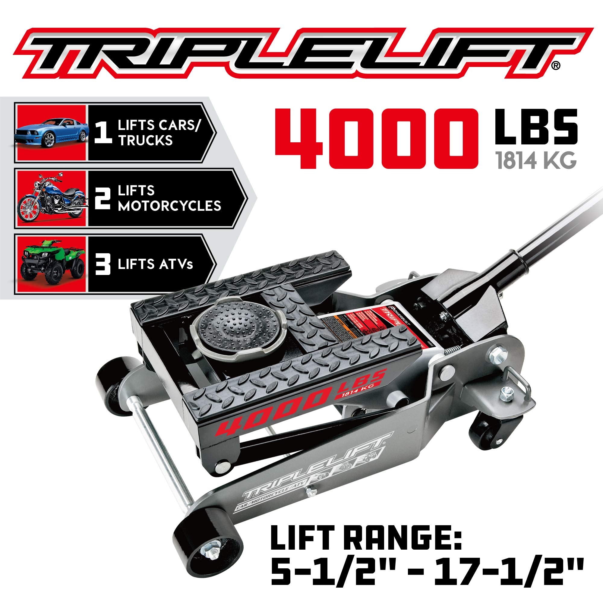 Powerbuilt 2 Ton Floor Jack Triple Lift, Works on Cars, Trucks, Motorcycles, ATV's, Transmissions, 4-3/4 to 17 in. Range, Wide and Stable, Locking Safety Bar - 620422E