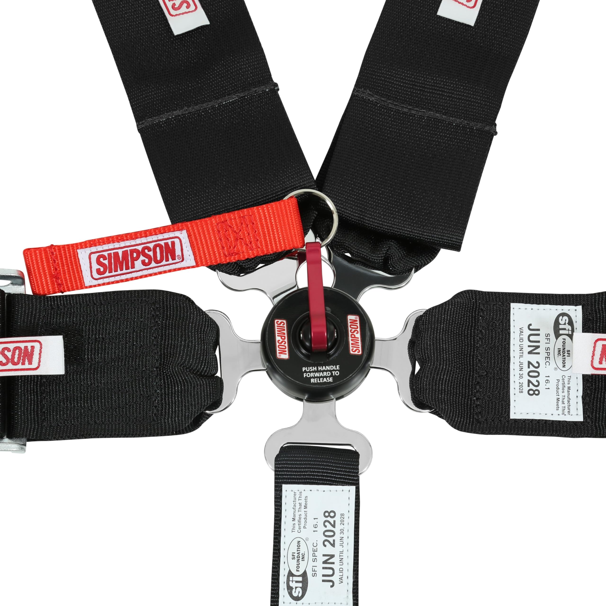 SIMPSON SAFETY Harness 29110BKH - 5 Point - Camlock - SFI 16.1-55 in Length - Pull Down Adjust - Bolt-On/Wrap Around - Individual Harness - Black - Kit