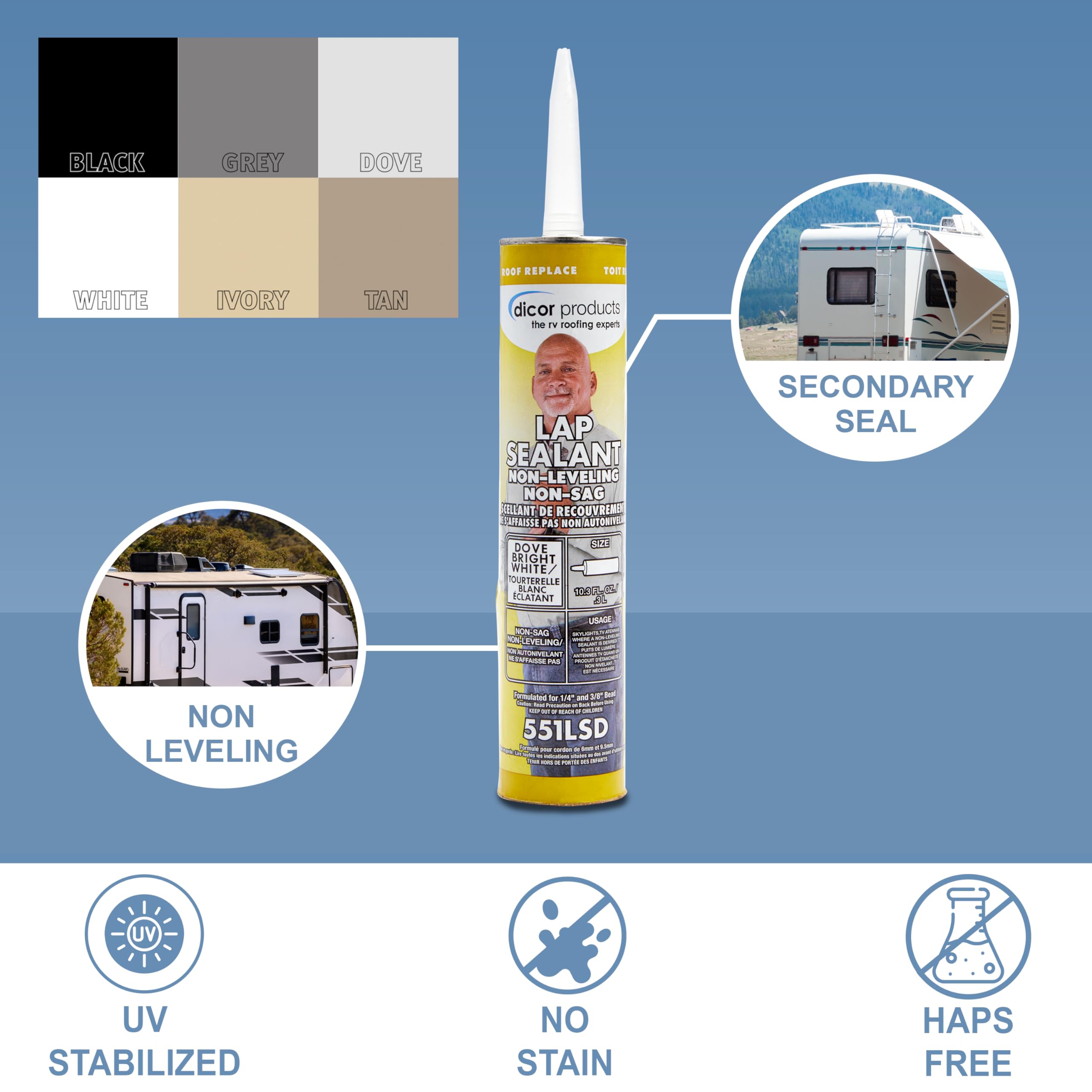 HAPS-Free Dicor 551LSD-1 Non-Leveling Lap Sealant - 10.3 Oz, Dove (Bright White), Secure, Ideal for RV Roofing, Maintenance, Repair, Appliance Application
