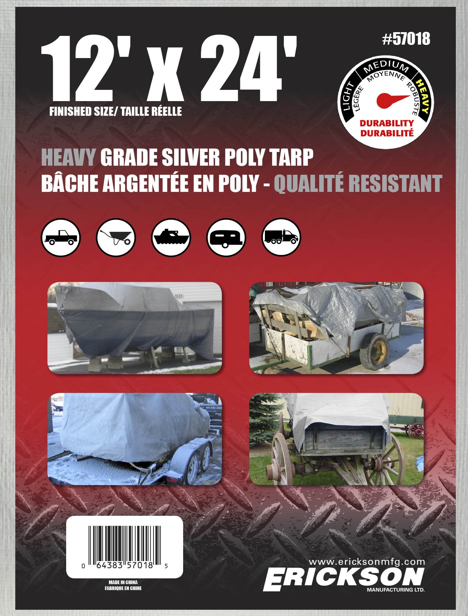 Heavy Grade Erickson 57018 Silver Poly Tarp, 12' x 24', 1 Pack