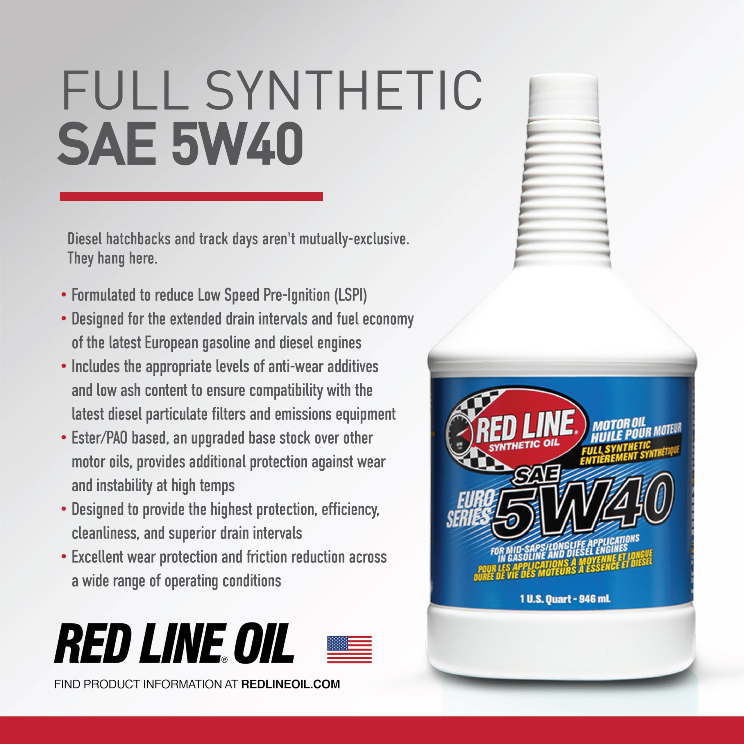 SAE 5W40 Red Line Fully Synthetic Euro-Series Motor Oil - 1 Quart