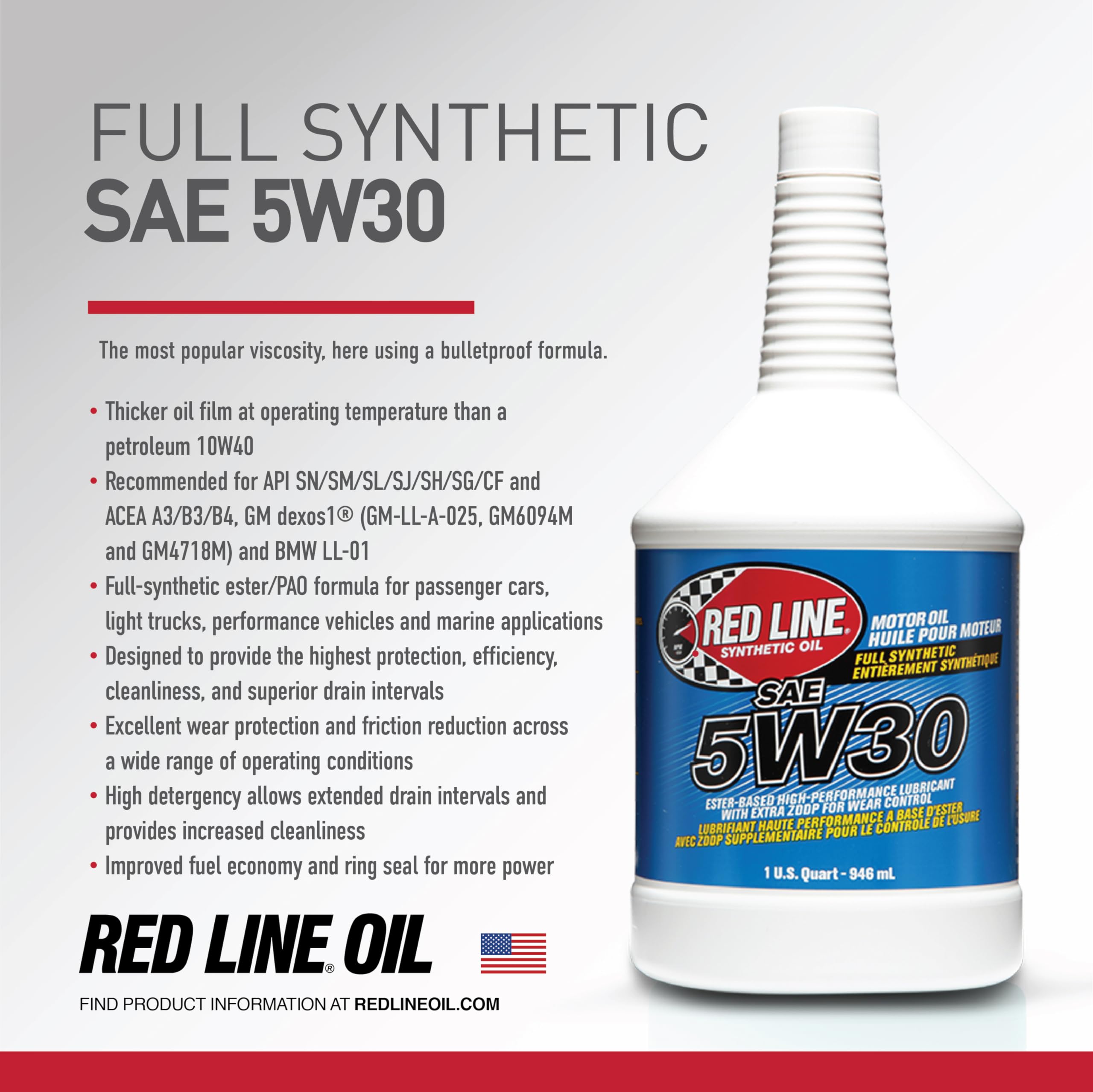 Fully Synthetic Red Line 15305 SAE 5W30 Motor Oil - Gallon