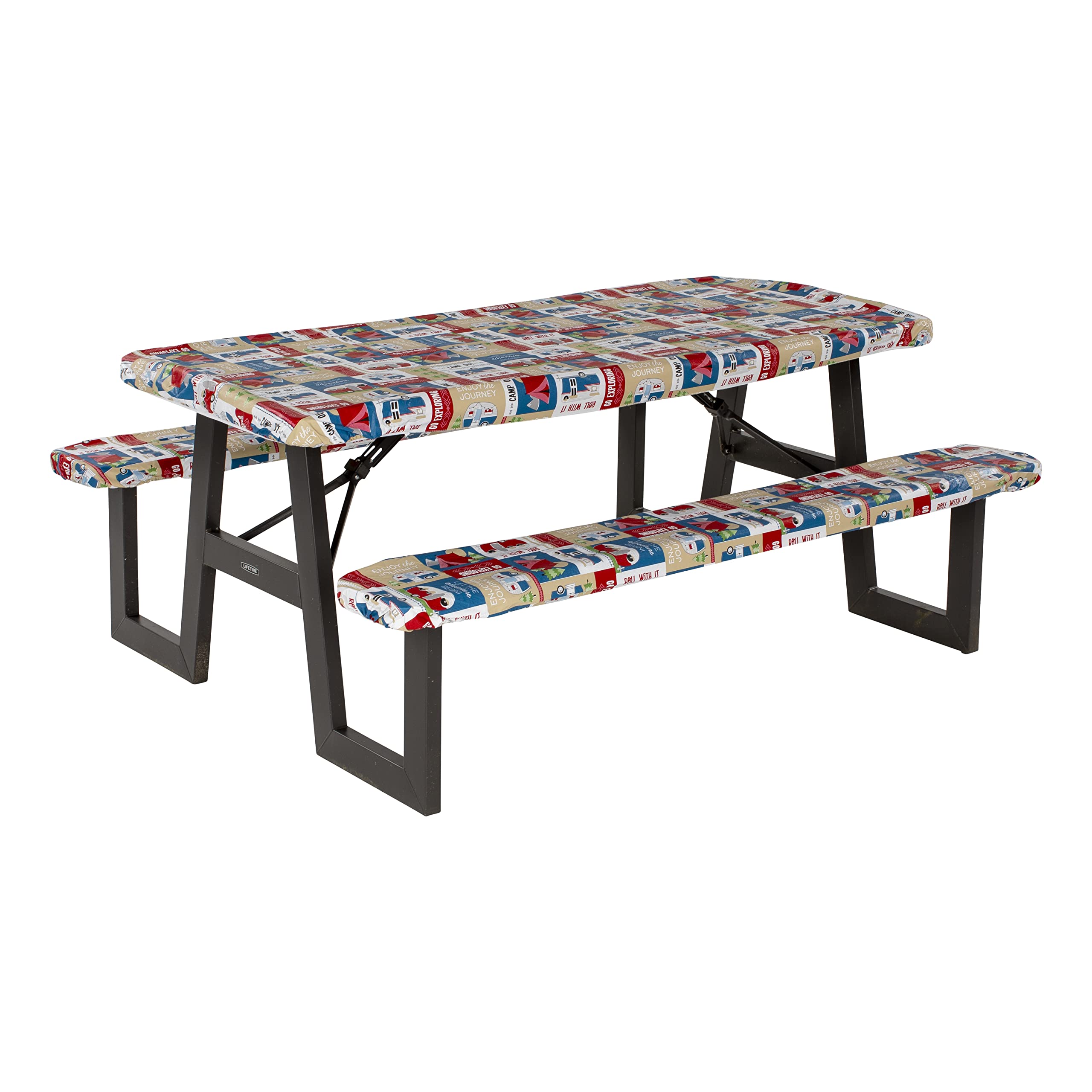 Vinyl Tablecloth Lippert with Bench Covers for Picnic Tables - Camping Patchwork, Green