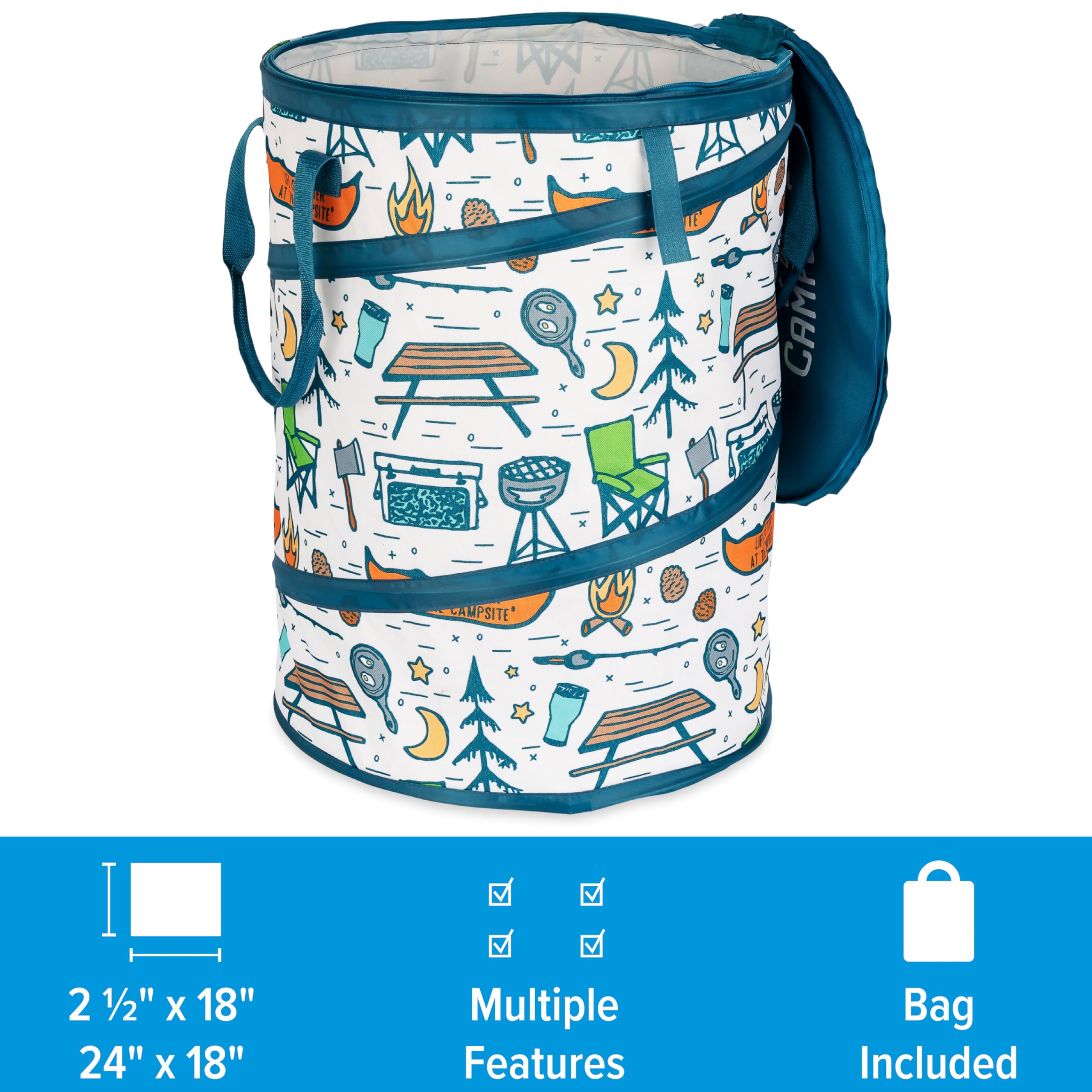 Camco Utility Container Pop-Up - Use as Collapsible Trash Can When Camping - Holds 30-Gallon Kitchen-Size Trash Bags - Stands 2-Ft Tall & Collapses for RV Storage and Organization (42997)