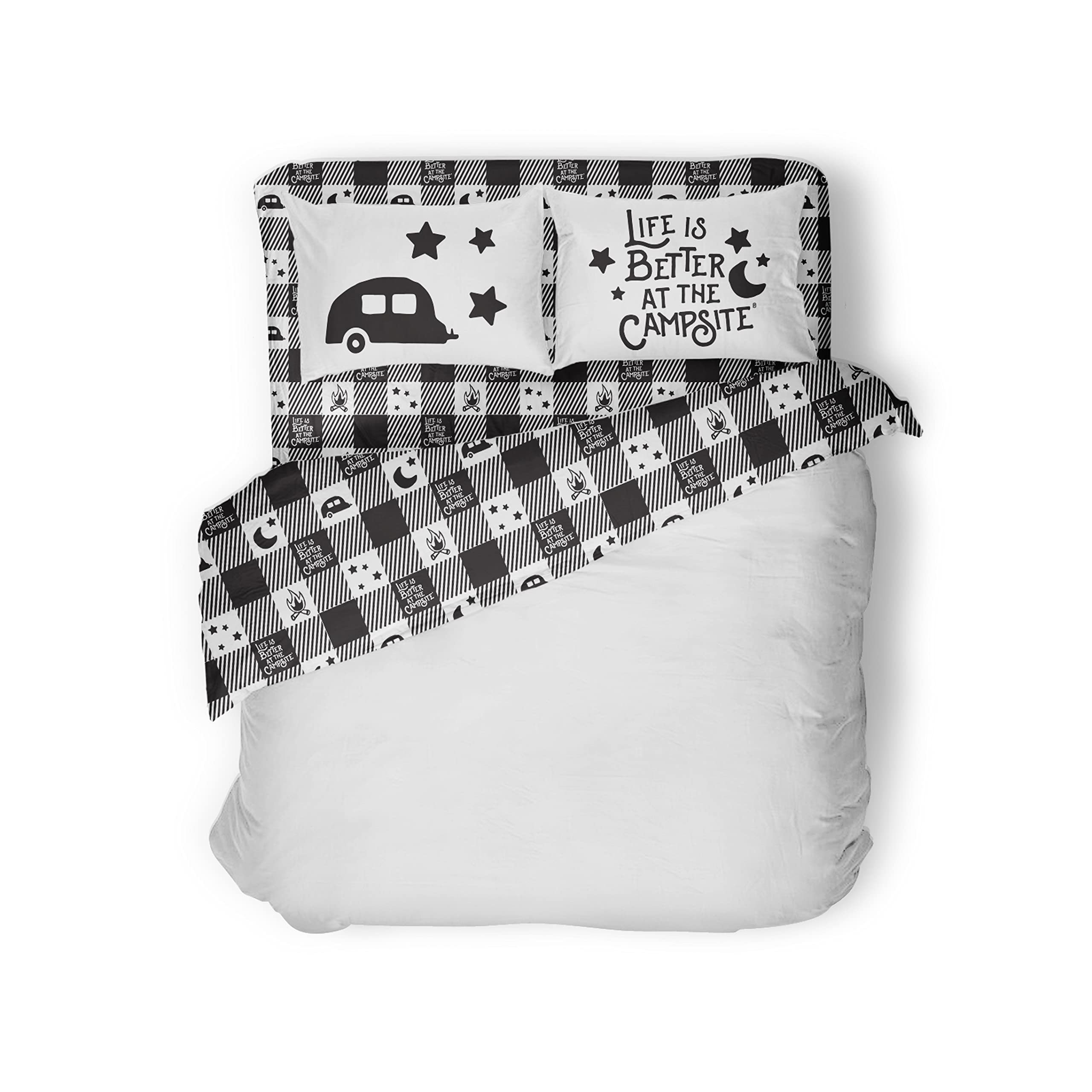 Camco RV King Sized Bed Sheet Set Life is Better at The Campsite | Features Camping Theme Design on Buffalo Plaid Pattern | Crafted of Soft Machine Washable Polyester | 4-Piece Set (53474)