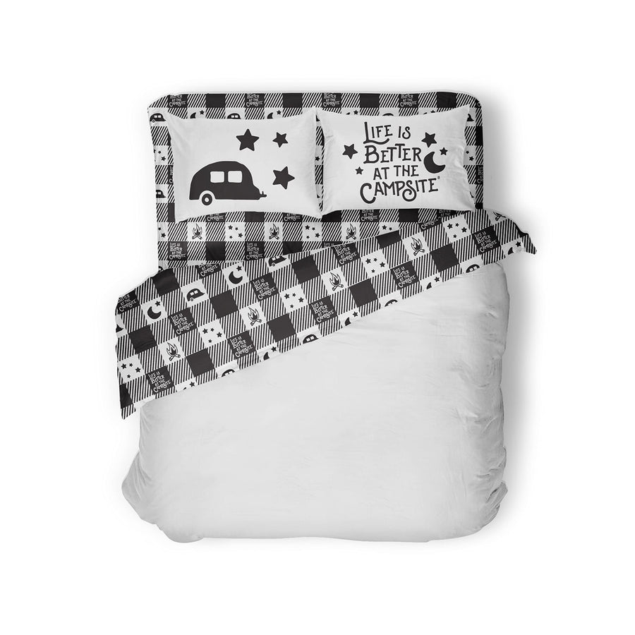 Camco RV King Sized Bed Sheet Set Life is Better at The Campsite | Features Camping Theme Design on Buffalo Plaid Pattern | Crafted of Soft Machine Washable Polyester | 4-Piece Set (53474)