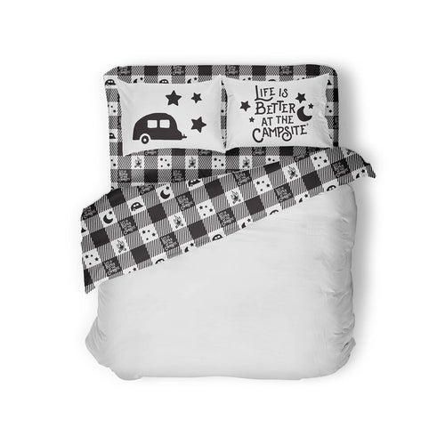 Camco RV King Sized Bed Sheet Set Life is Better at The Campsite | Features Camping Theme Design on Buffalo Plaid Pattern | Crafted of Soft Machine Washable Polyester | 4-Piece Set (53474)