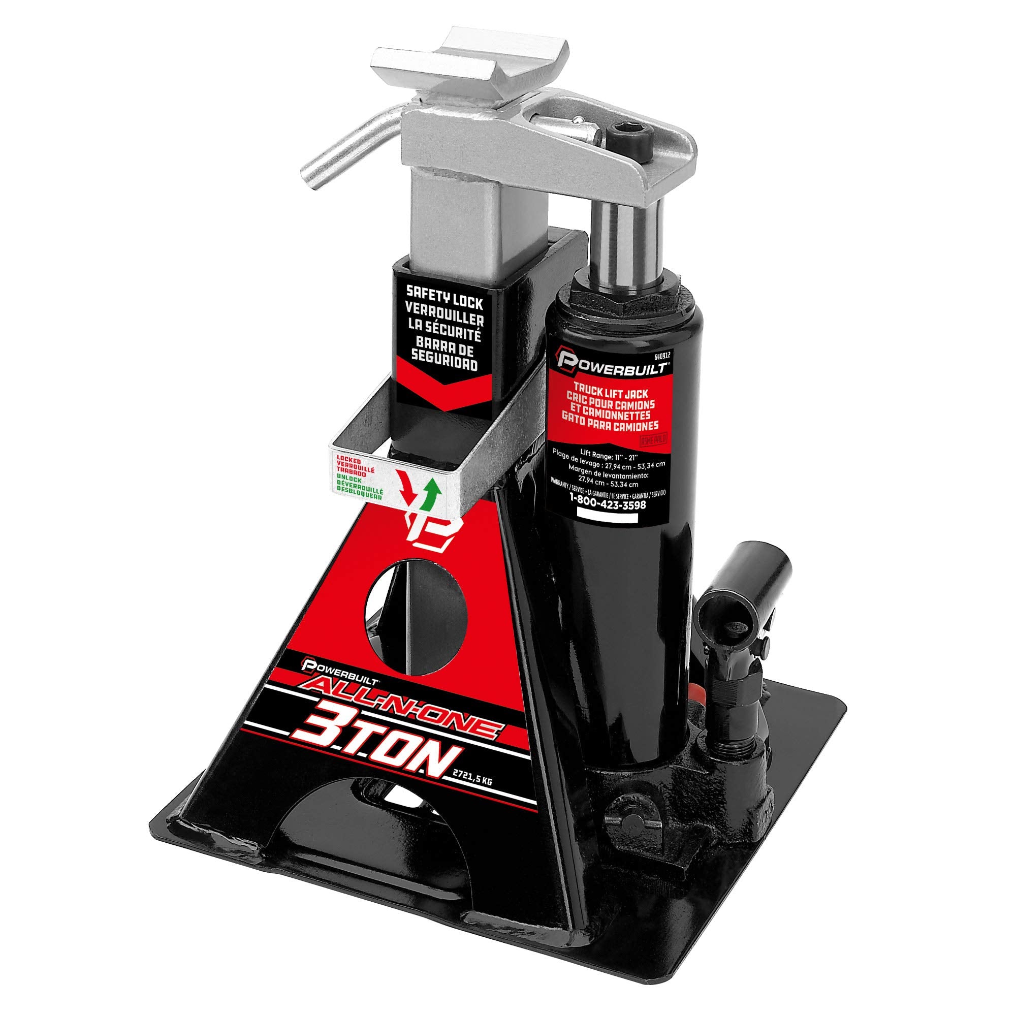 Powerbuilt 3 Ton Hydraulic All-in-One Bottle Jack and Jackstand Unit, Compact, Wide Base, 11-21 Inch Range, Eliminates Jackstands, for Unibody, Trucks, SUVs, RVs, Cars, Trailers, ASME - 640912