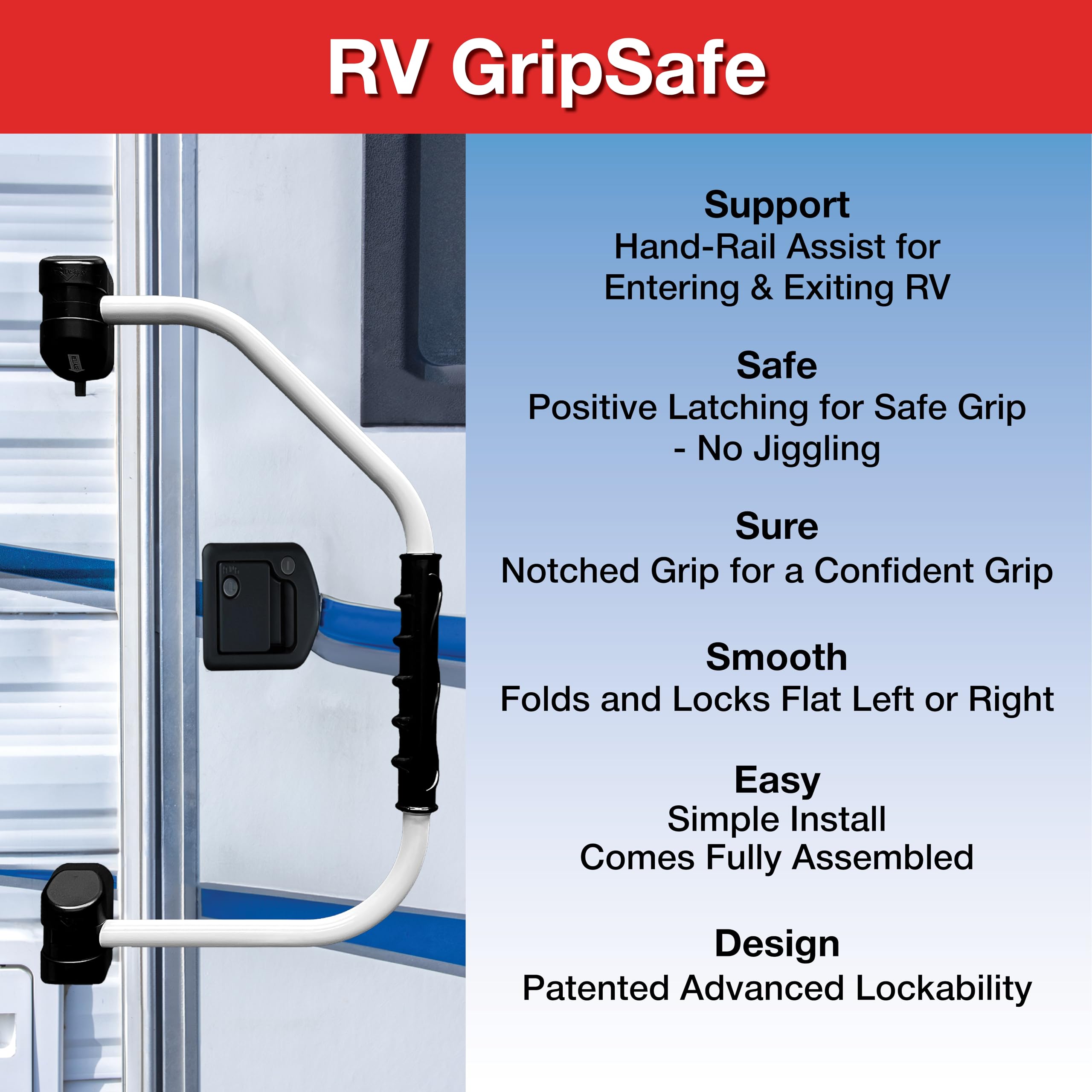 GripSafe Handrail Assist RV Designer R127 - Locking Folding Aluminum Grab Handle with Notched Grip - Safe Entry Assist for RV Door - Easy Installation, 27 Inch, White