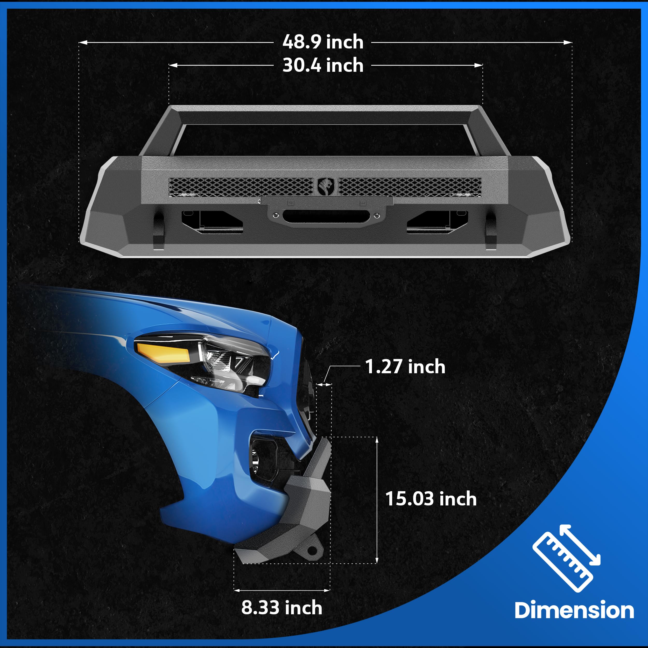 Tyger Auto Fury Bumper Center Guard Compatible with 2016-2023 Toyota Tacoma | Winch Plate | D-Ring | Textured Black | Rock Crawler | TG-BP7T20567