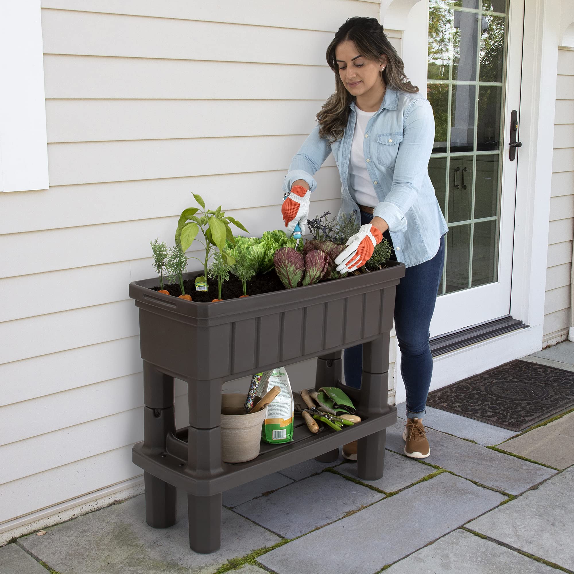 Simplay3 Raised Garden Bed American Home Outdoor Planter with Garden Tools Storage Shelf, 36" L x 30" H Garden Bed, Dark Brown
