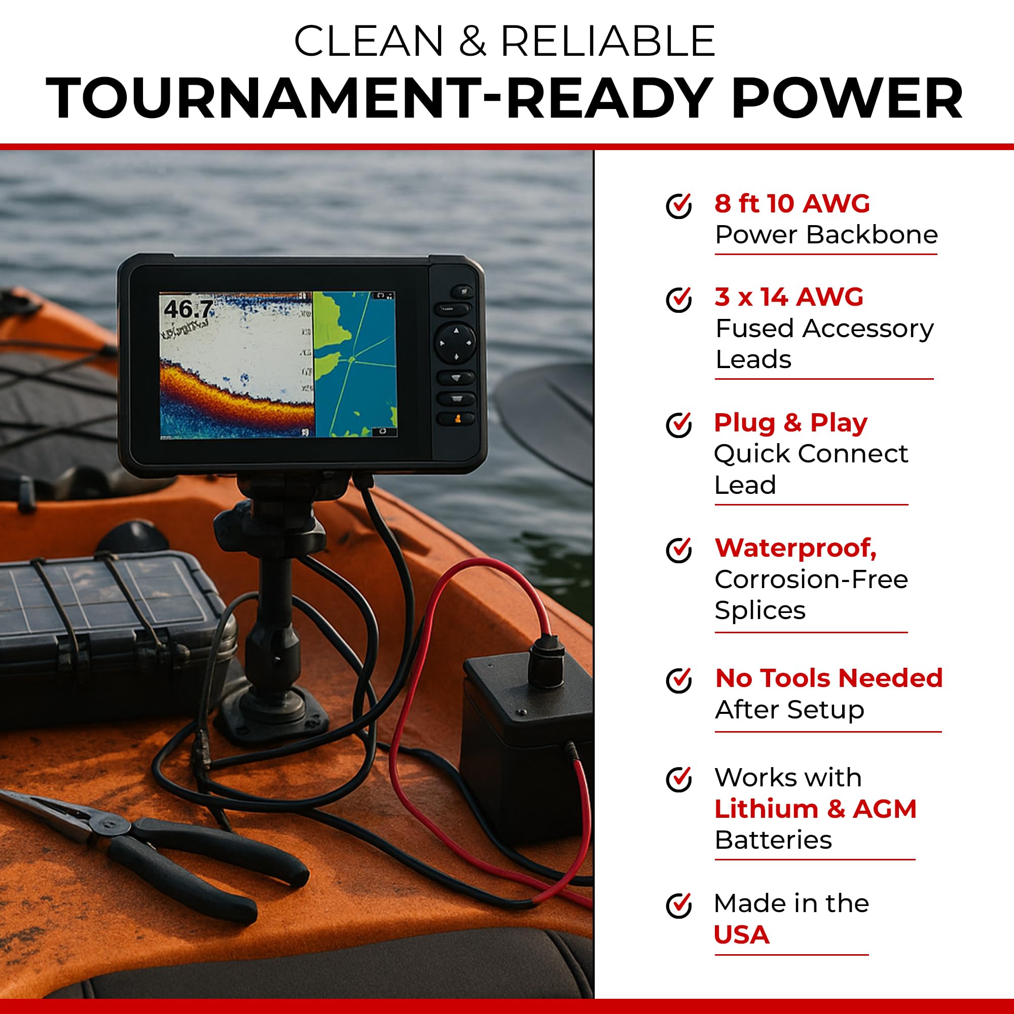 Yak-Ease Connect-Ease Kayak Wiring Harness Kit RCE12VGPYAK | 8-Foot 10 AWG Wire, 3 Fused Drops | Powers Fish Finder, GPS & Kayak Fishing Accessories | 12V Quick Connect Plug, Marine-Grade Wiring Kit