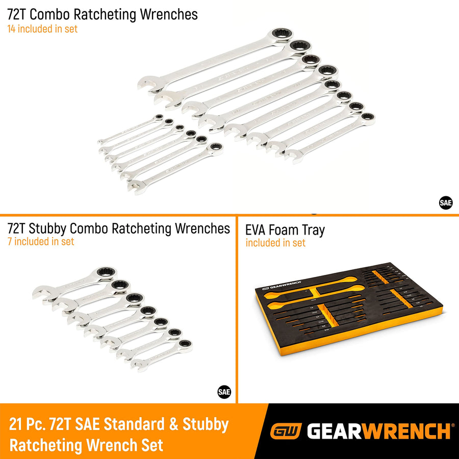 72T GEARWRENCH 21 Piece Standard & Stubby Ratcheting Wrench Set with EVA Foam Tray - 86526