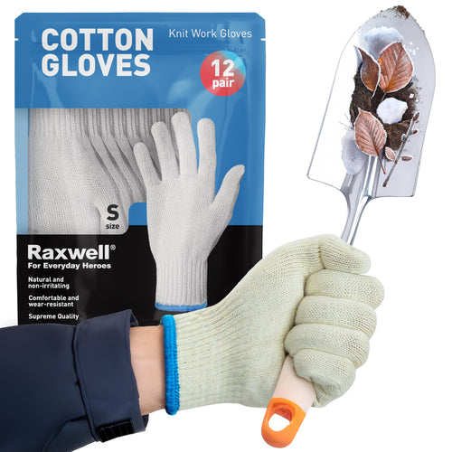 White Cotton Gloves Raxwell - Premium Knit Work Gloves, 12 pairs - Durable Liners for BBQ, Painting, Gardening, Industrial, & Mechanics, Natural Color, Size Small
