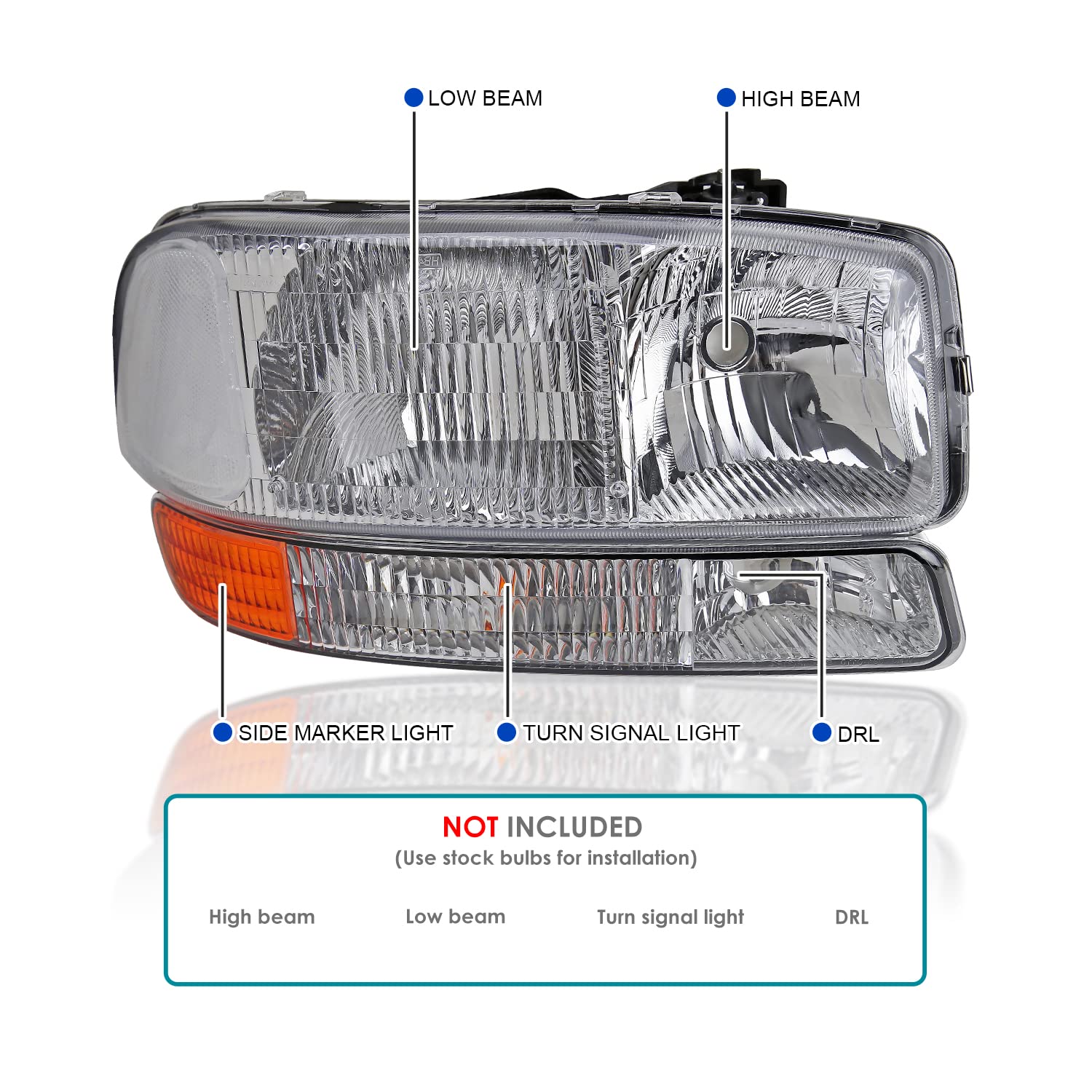 Headlights & Turn Signal Lights Spec-D Tuning Compatible with GMC Sierra 1999-2006, 2000-2006 Yukon XL, L+R Pair Assembly