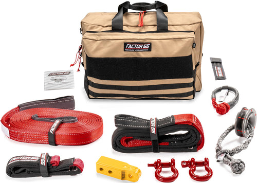 Factor 55 Winch and Tow Recovery Kit for Trucks, Jeeps, and SUVs, with Yellow Hitchlink and Large Bag Sawtooh