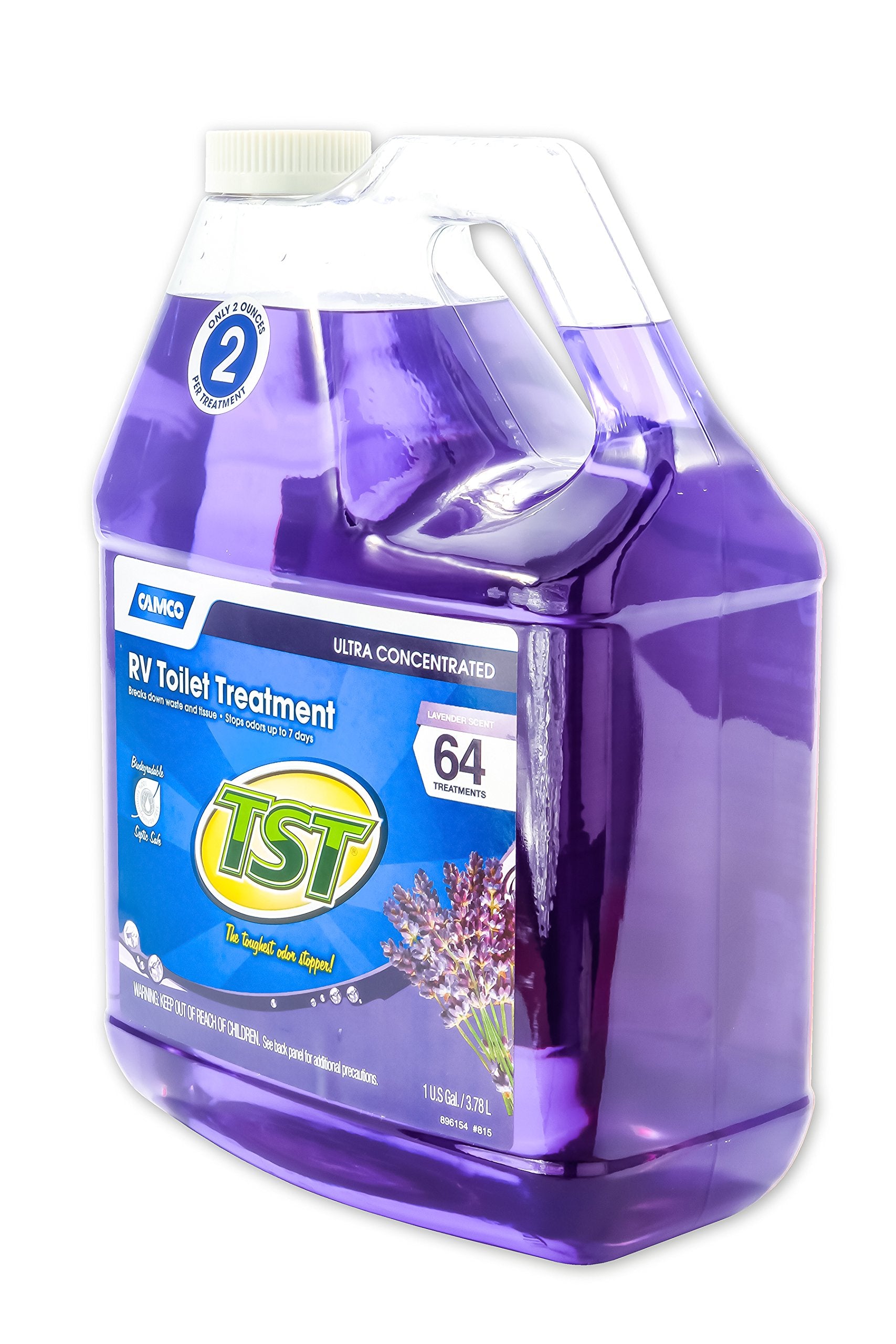 Camco RV Toilet Treatment TST MAX 1-Gallon - Control Unwanted Sewer Odors & Break Down Waste and RV Toilet Paper - Biodegradable Septic Safe Formula - Lavender Scent (41557)
