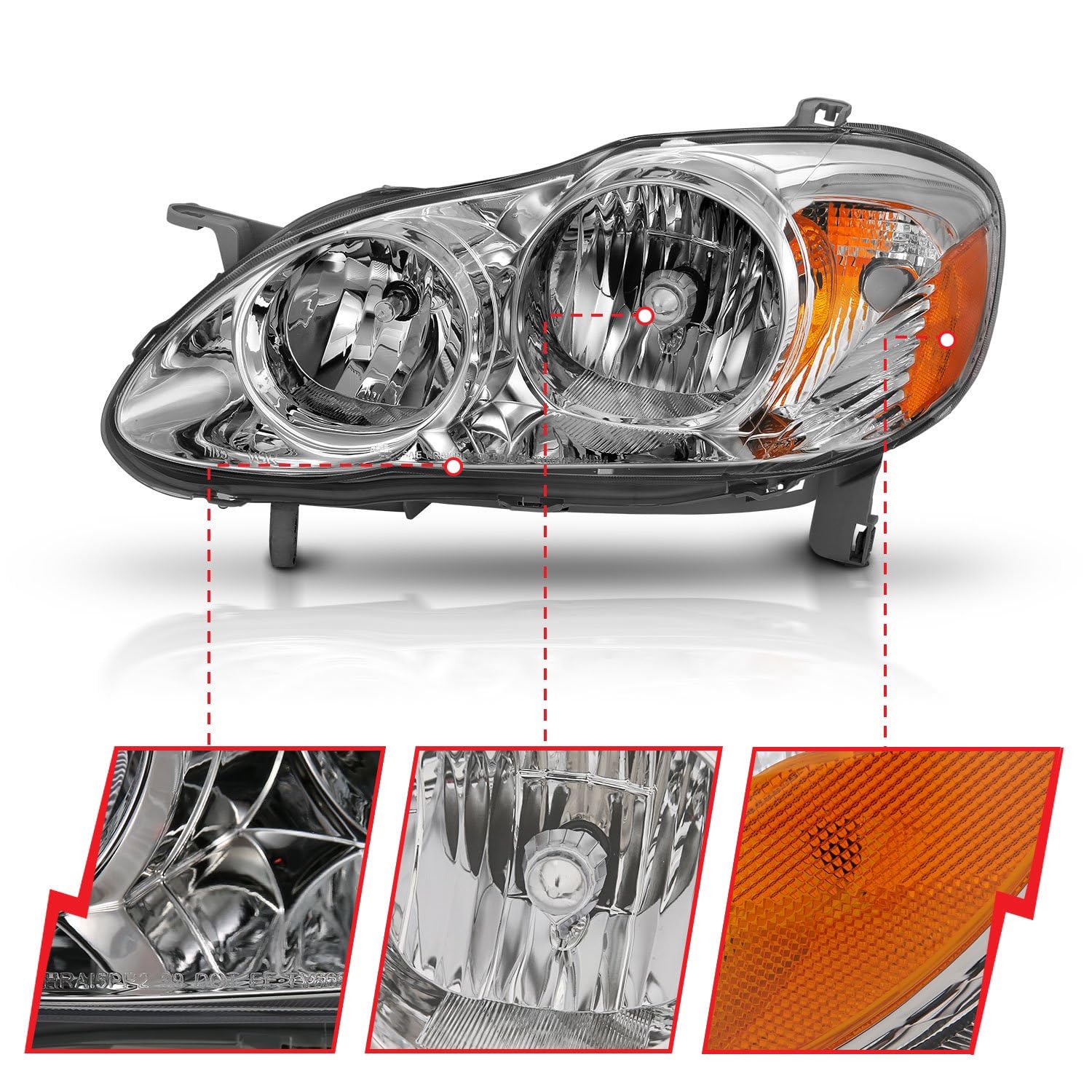 Chrome Amber ANZO Compatible Replacement Headlight for Toyota Corolla Crystal (121540) 2005-2008